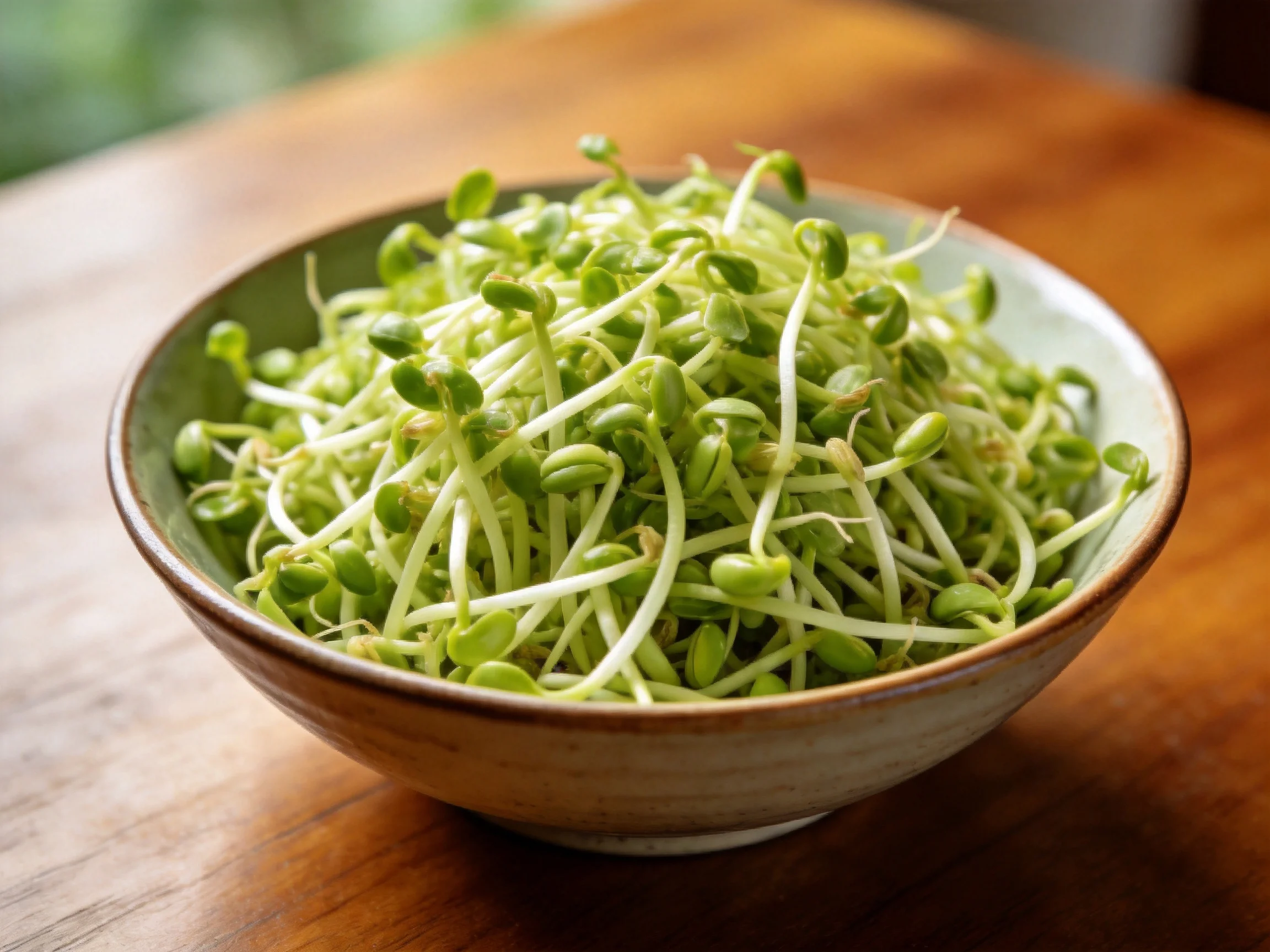 Fresh green bean sprouts in a ceramic bowl on a wooden table