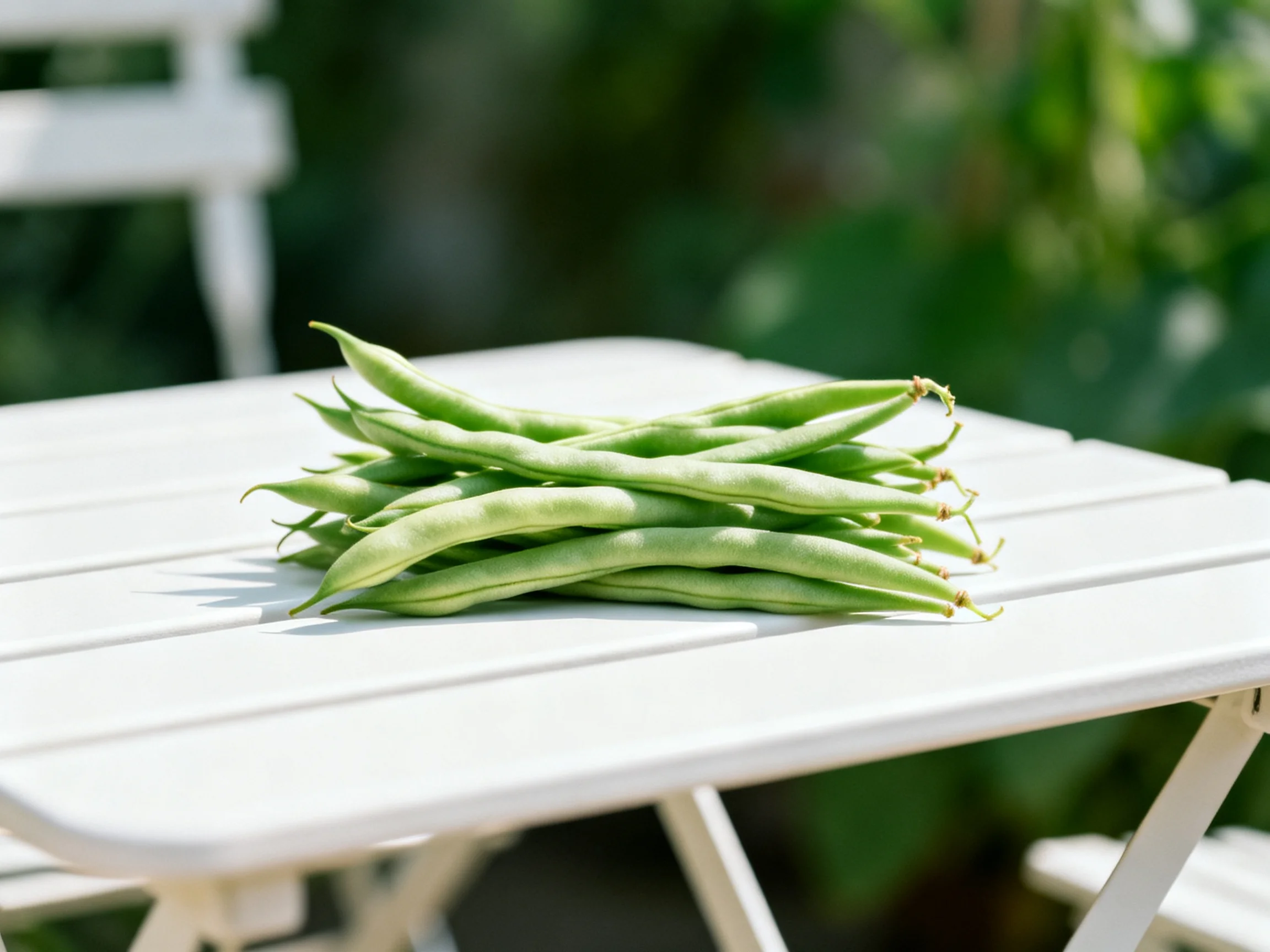 Fresh green beans neatly placed on a white outdoor table