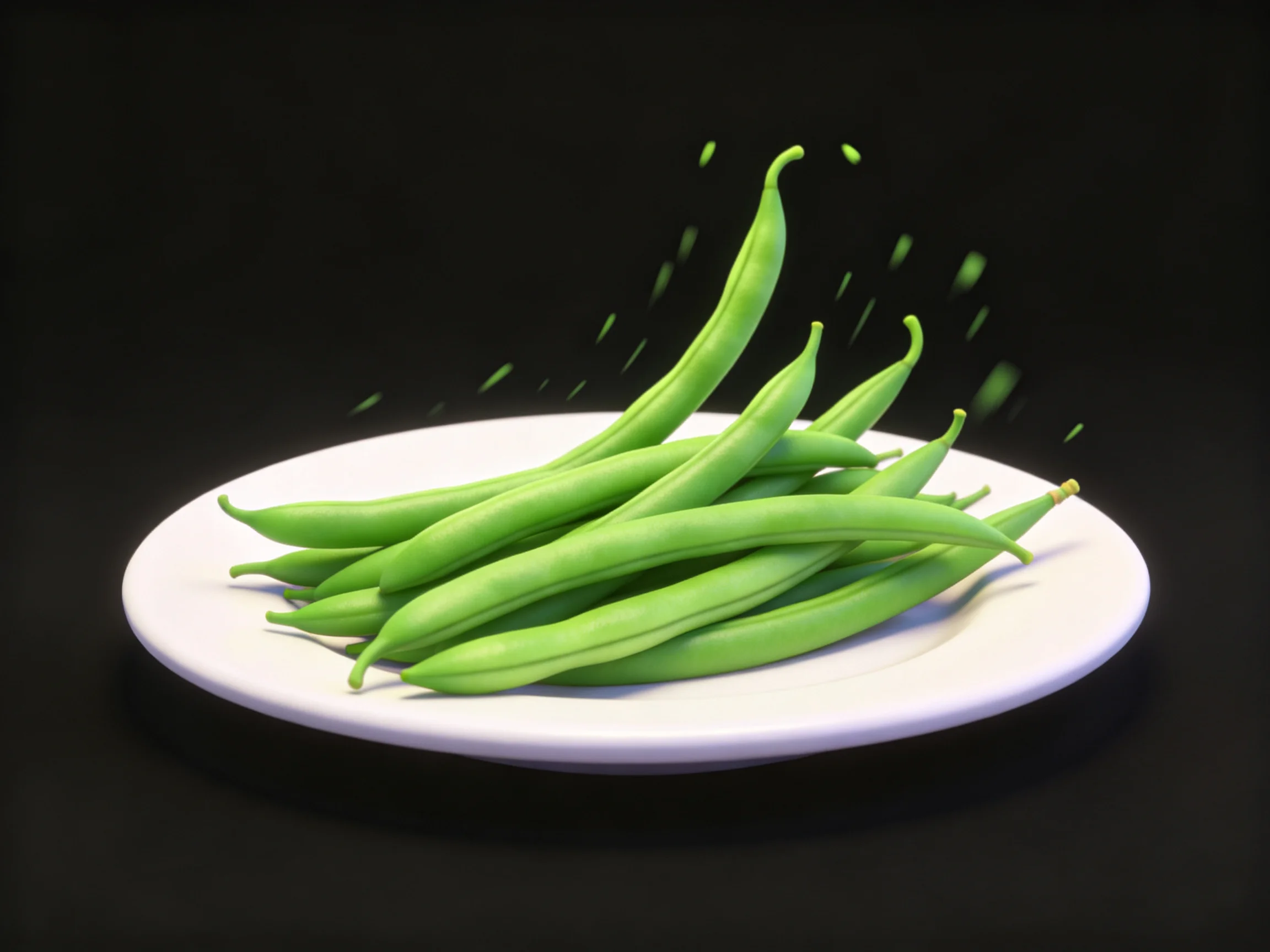 Fresh green beans on a white plate with dynamic motion effects