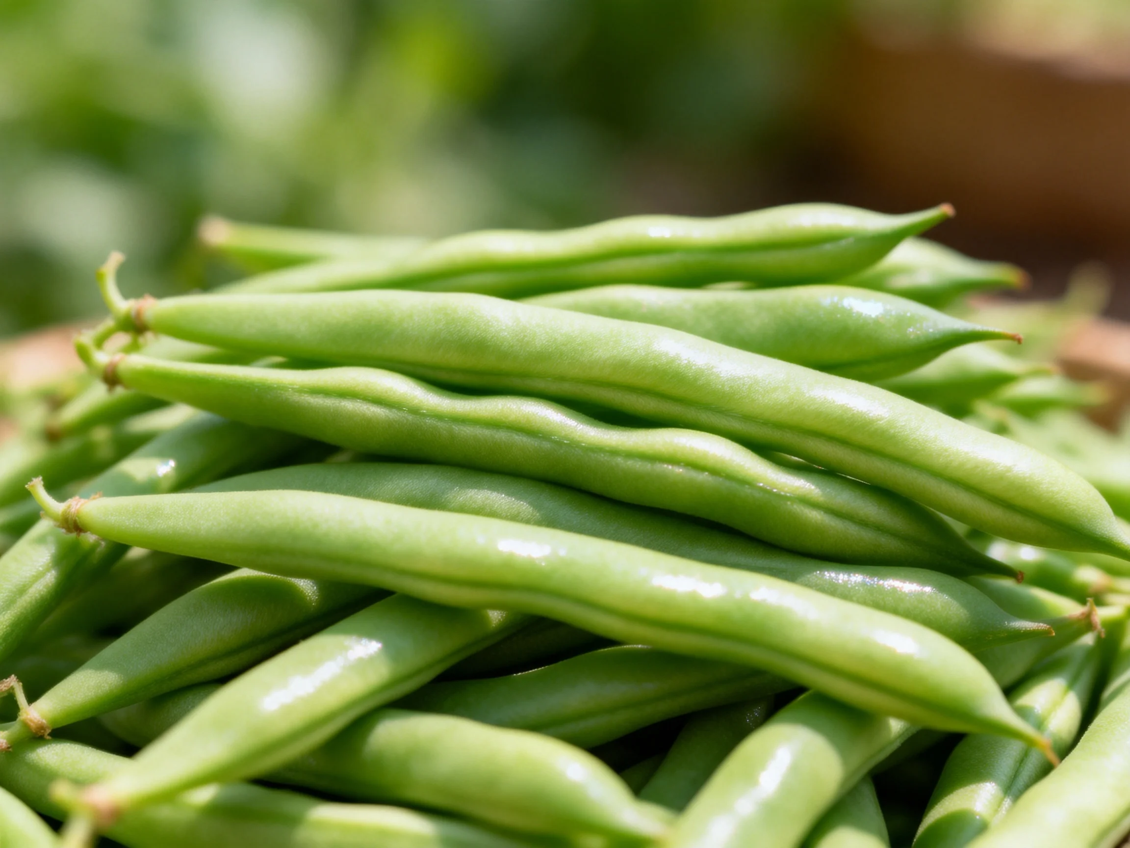 Fresh green beans piled densely in natural sunlight