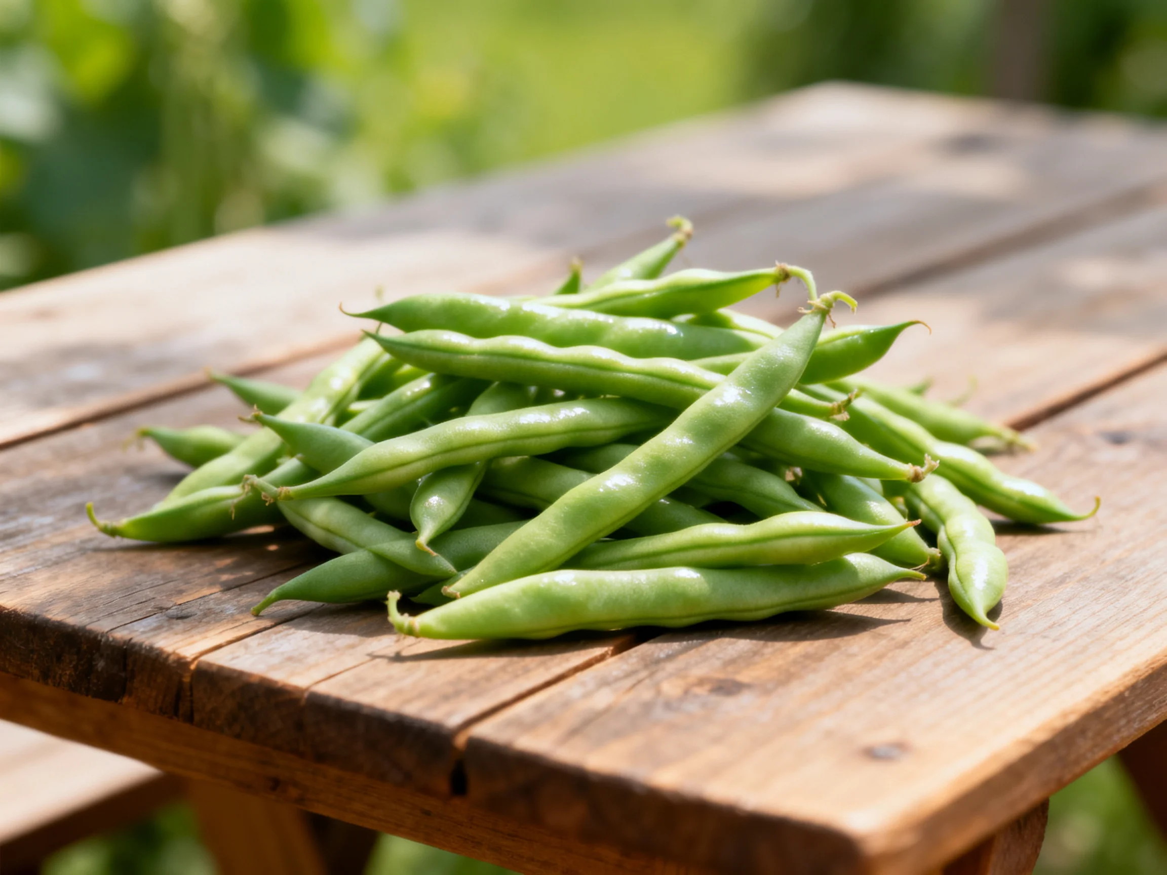 Fresh green beans piled high on a weathered wooden outdoor table