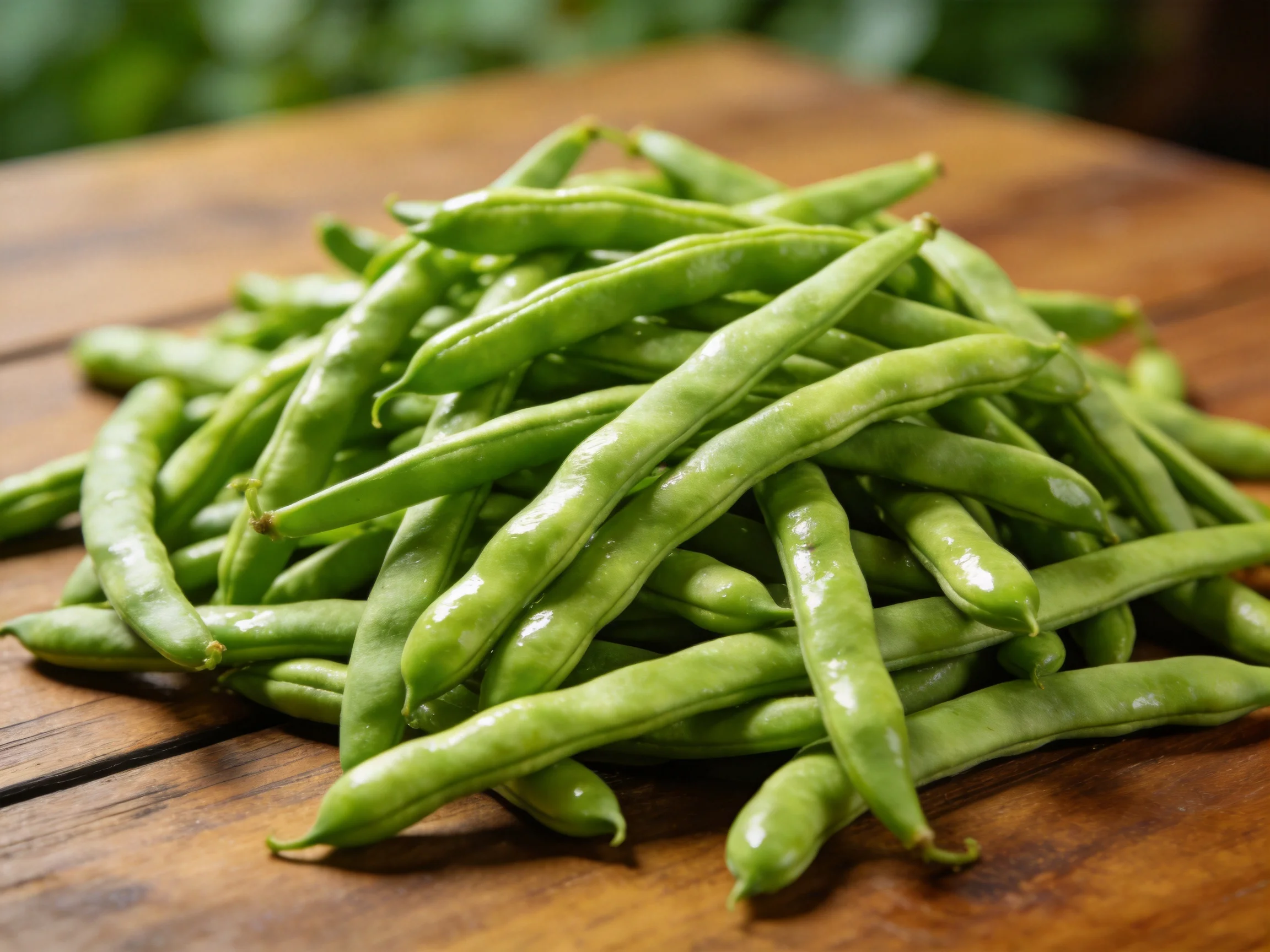 Fresh green beans piled high on a wooden table