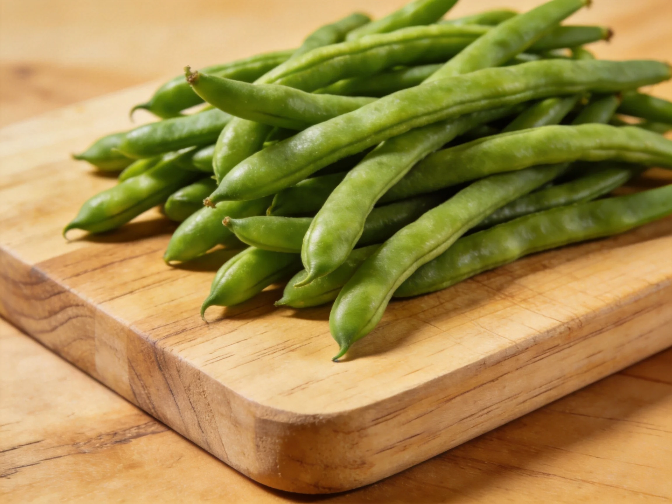 Fresh green beans piled on a light brown wooden cutting board