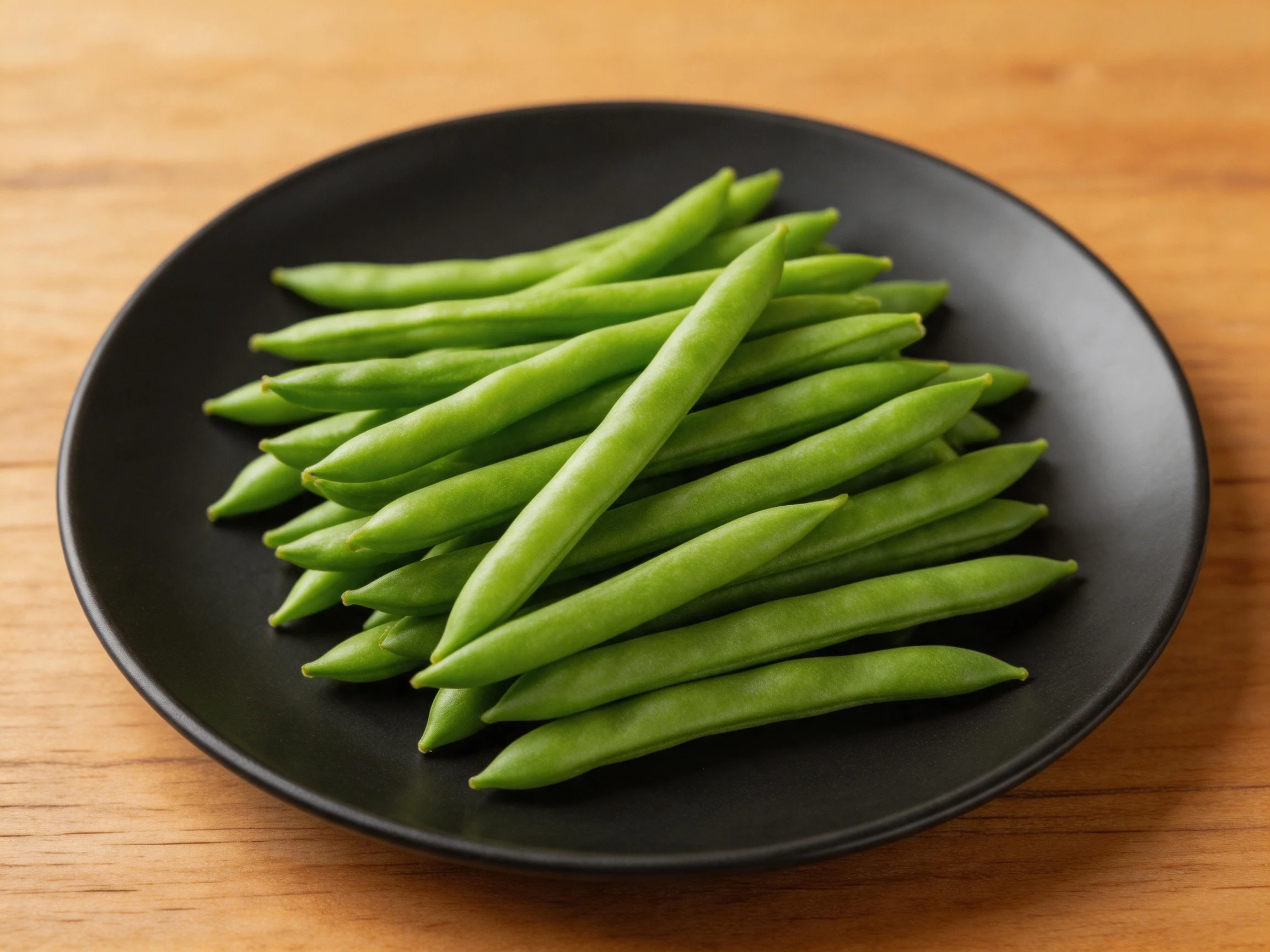 Fresh green beans piled on a matte black plate over a wooden surface