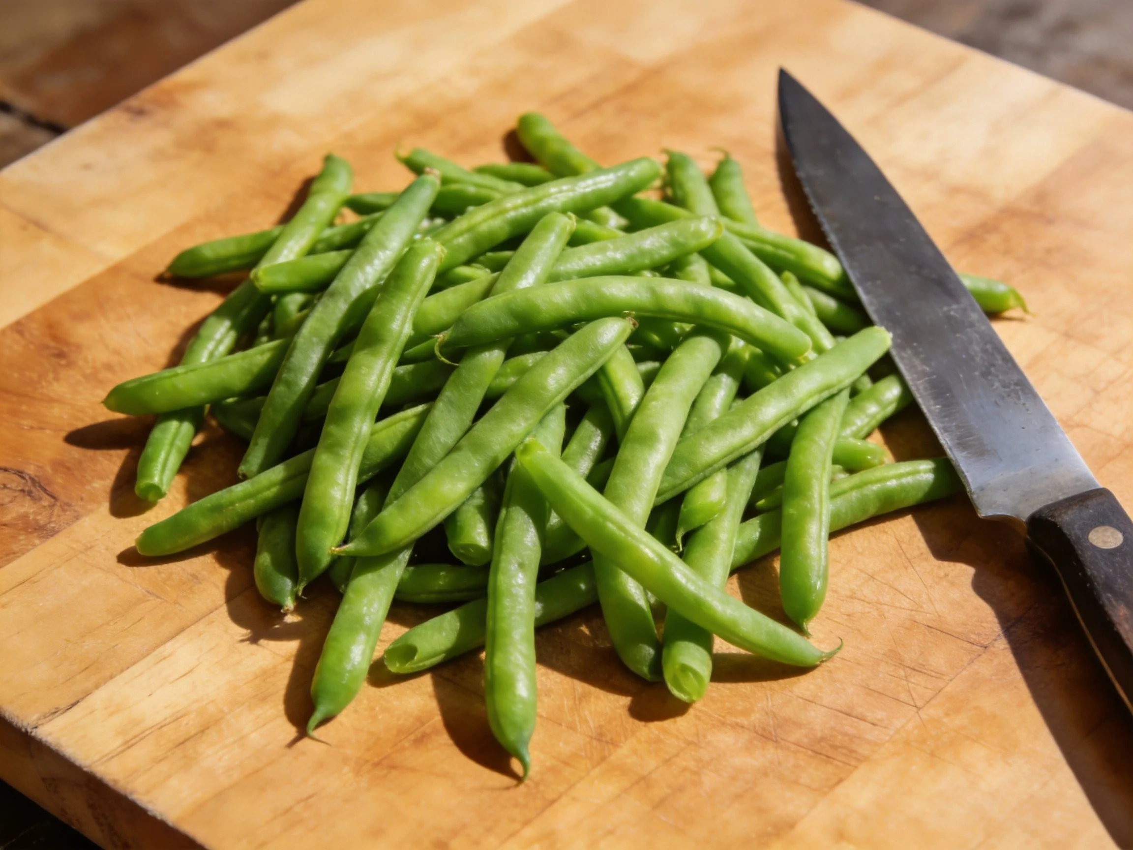 Fresh green beans piled on a wooden cutting board beside a large kitchen knife