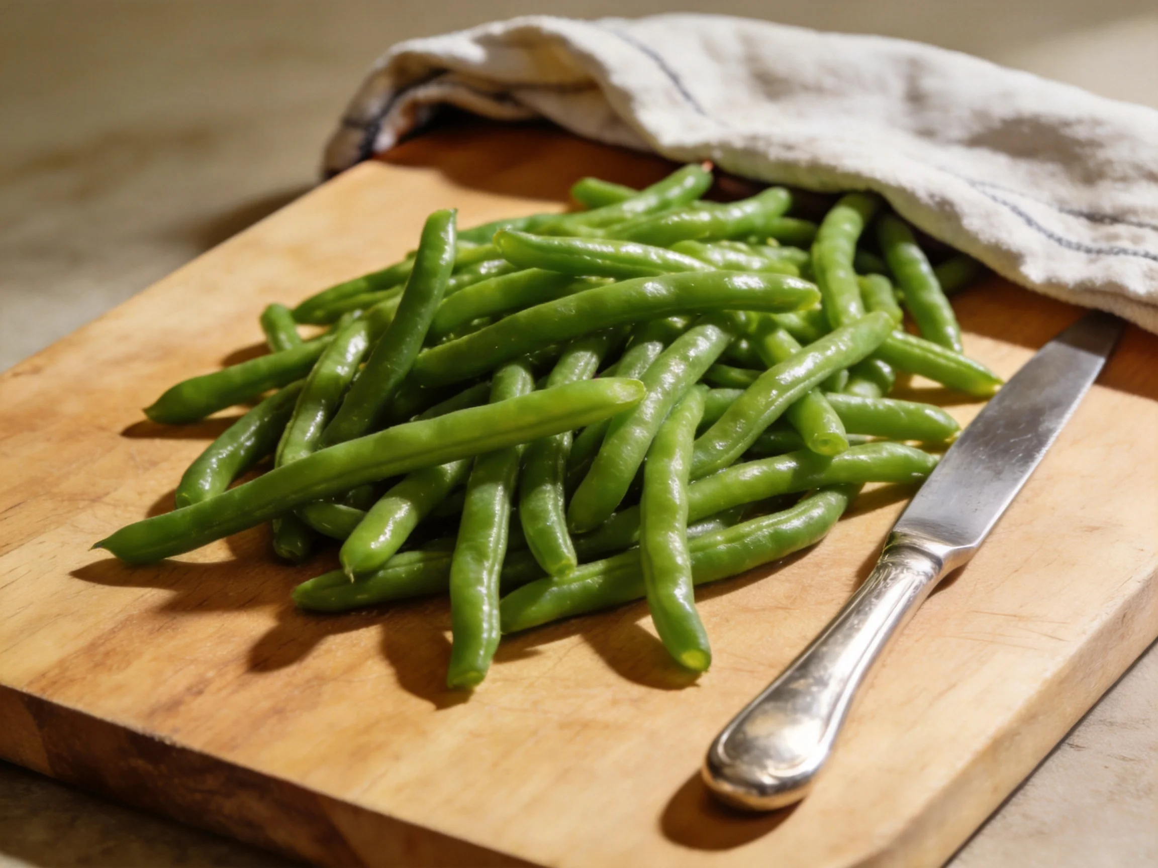Fresh green beans piled on a wooden cutting board beside a silver knife