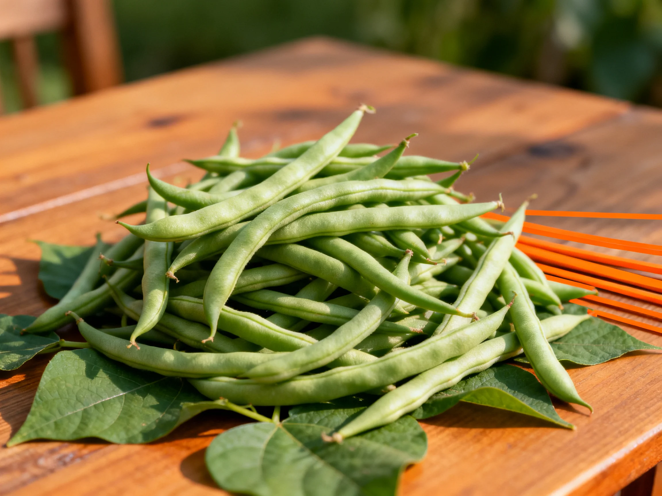 Fresh green beans piled on a wooden surface with leaves and orange utensils