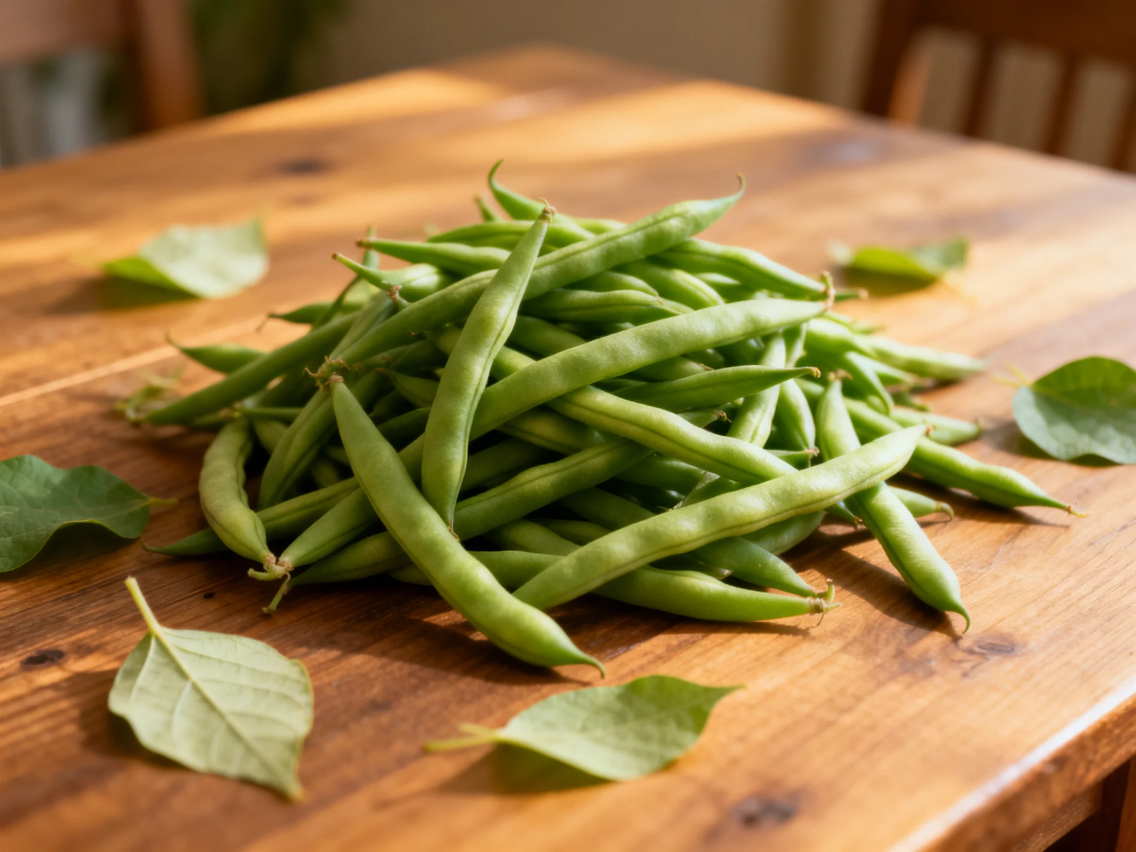 Fresh green beans piled on a wooden table withscattered leaves