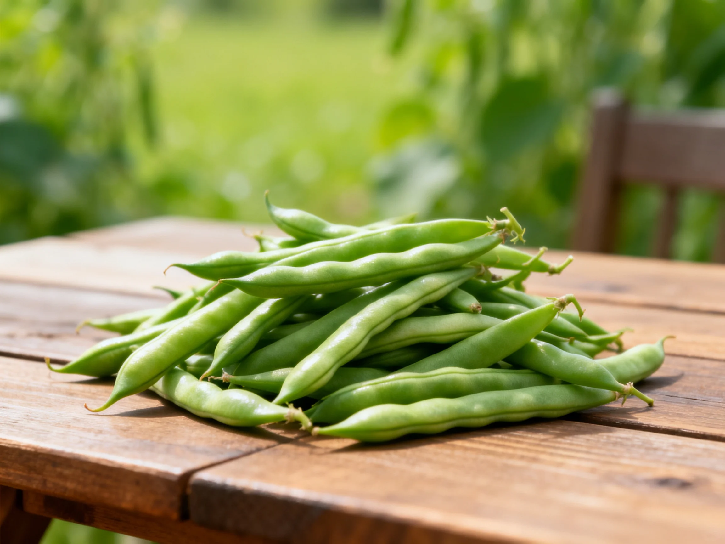 Fresh green beans stacked on a rustic wooden table in a sunny outdoor setting