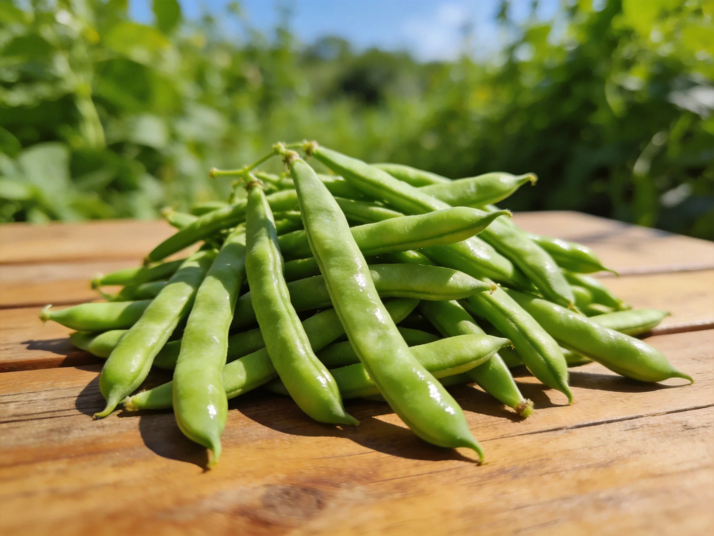 Fresh green beans stacked on a wooden table in a sunlit outdoor setting
