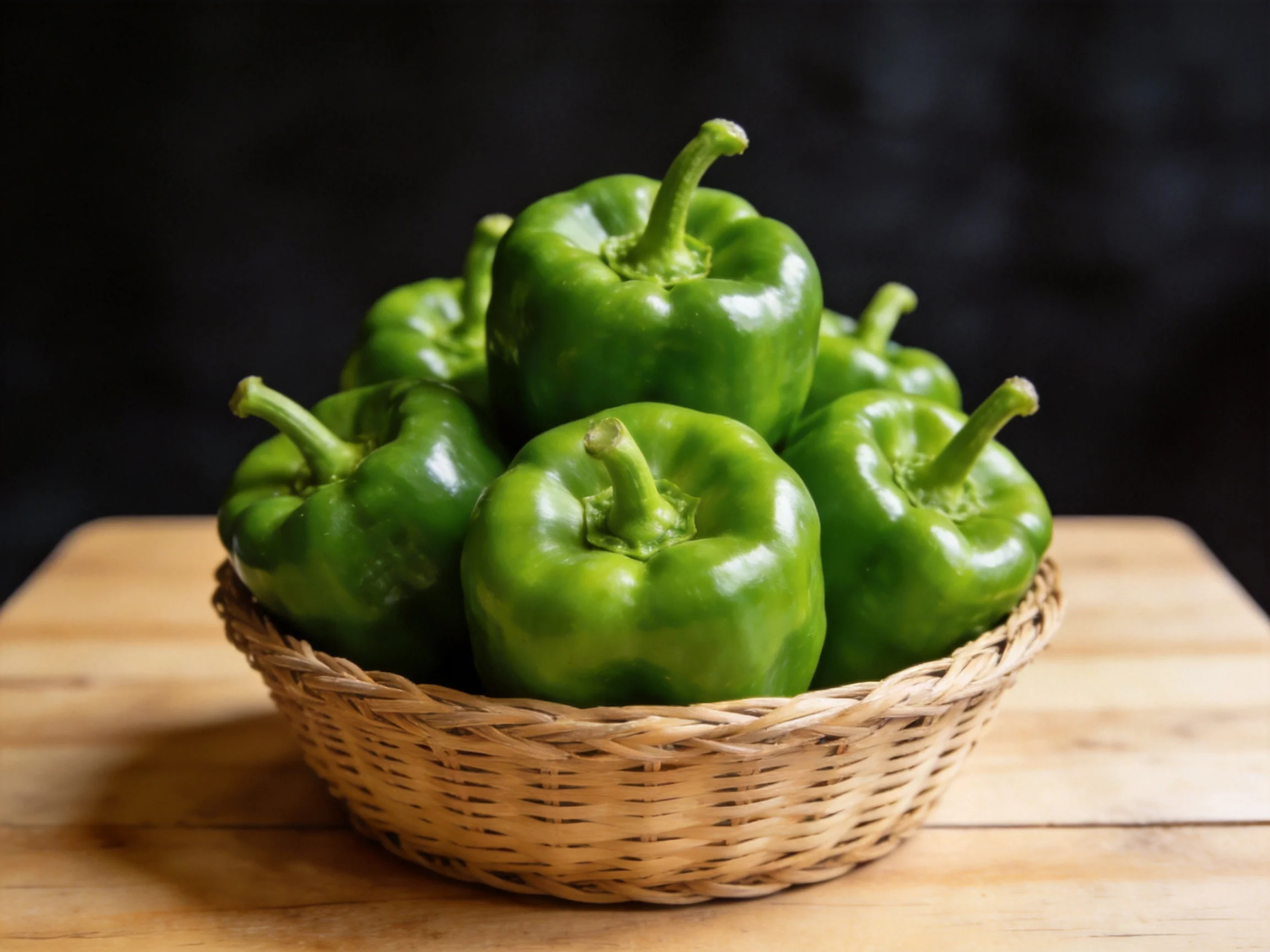 Fresh green bell peppers arranged in a woven basket on a wooden surface