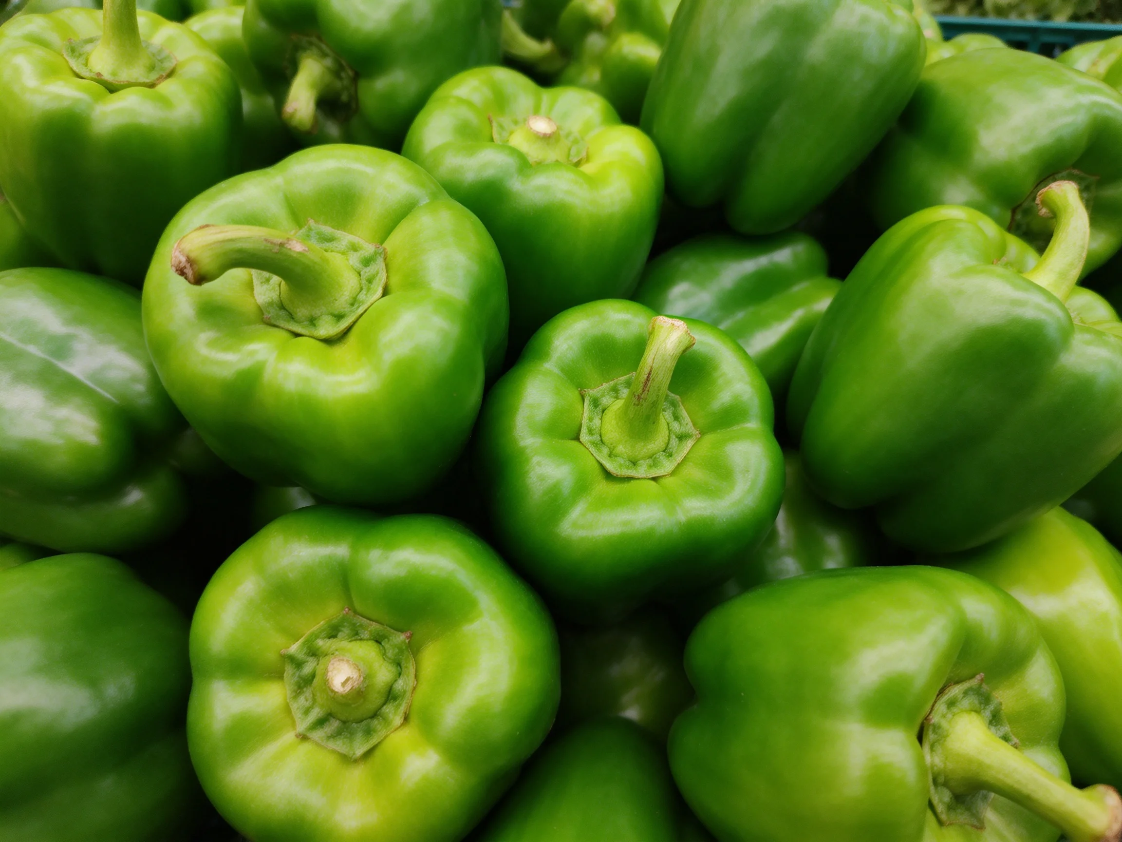 Fresh green bell peppers densely arranged in a market display