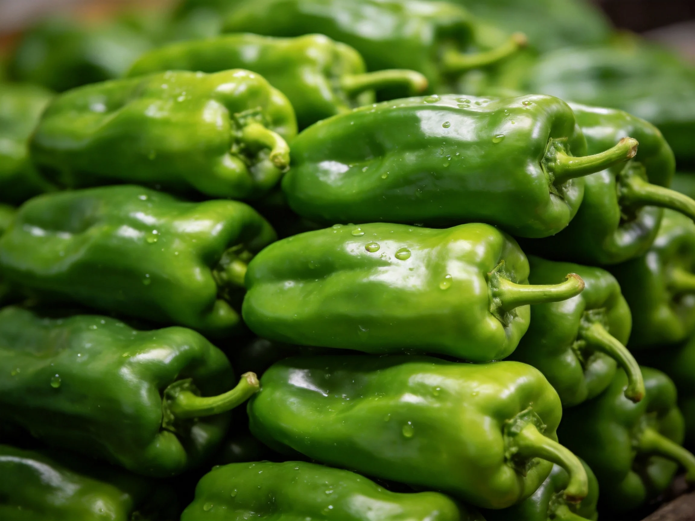 Fresh green bell peppers stacked with water droplets
