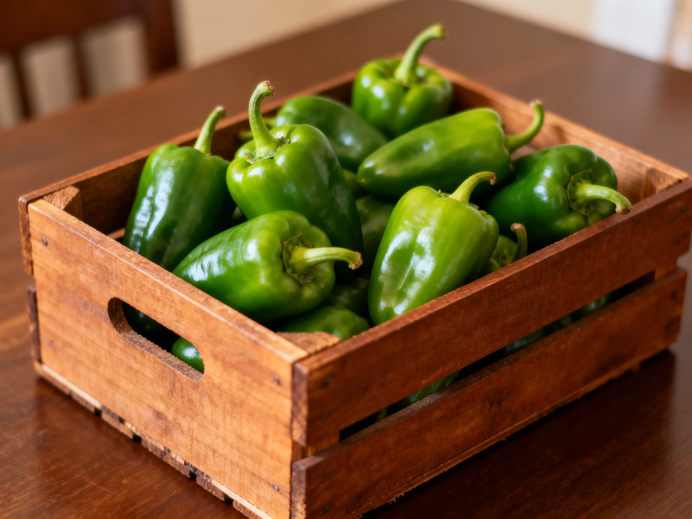 Fresh green bell peppers stored in an aged wooden crate