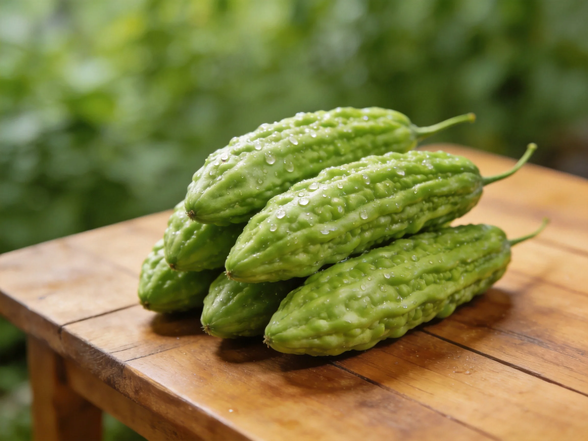 Fresh green bitter gourds with water droplets on a wooden table