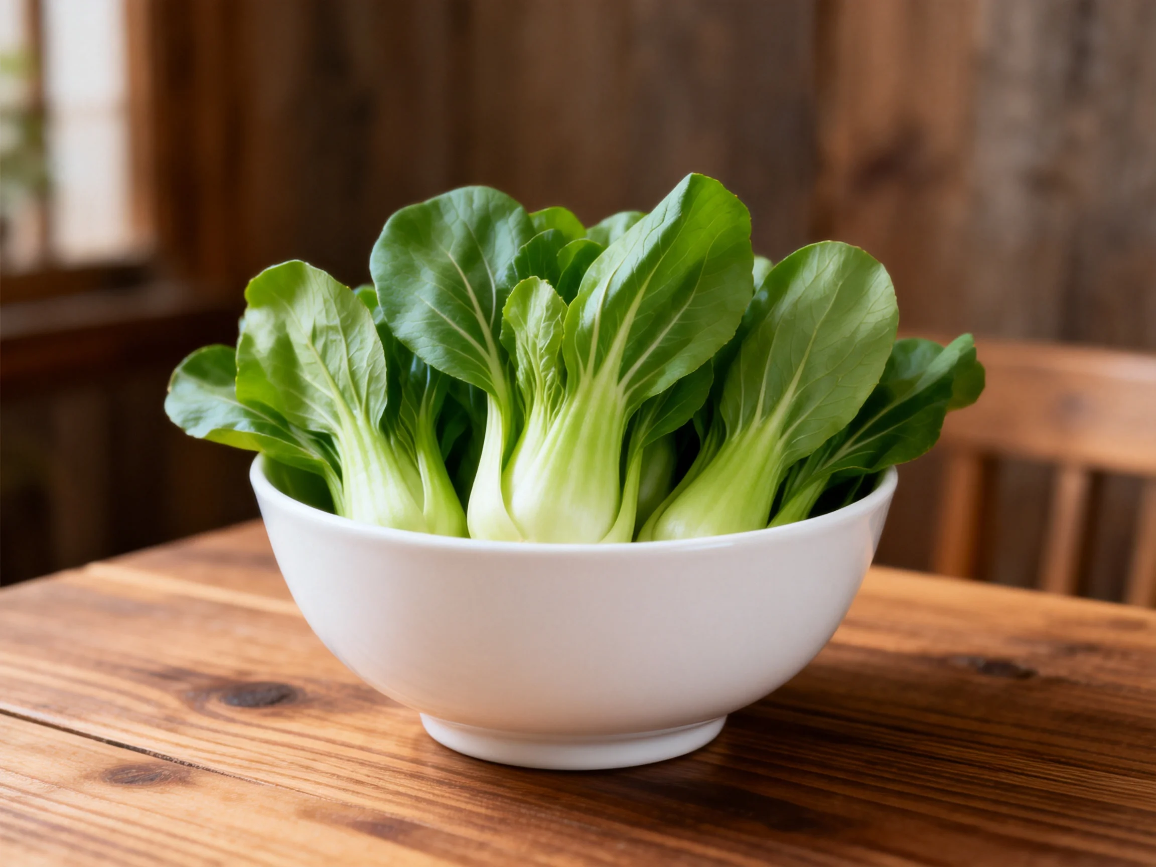 Fresh green bok choy arranged in a white bowl on a wooden table