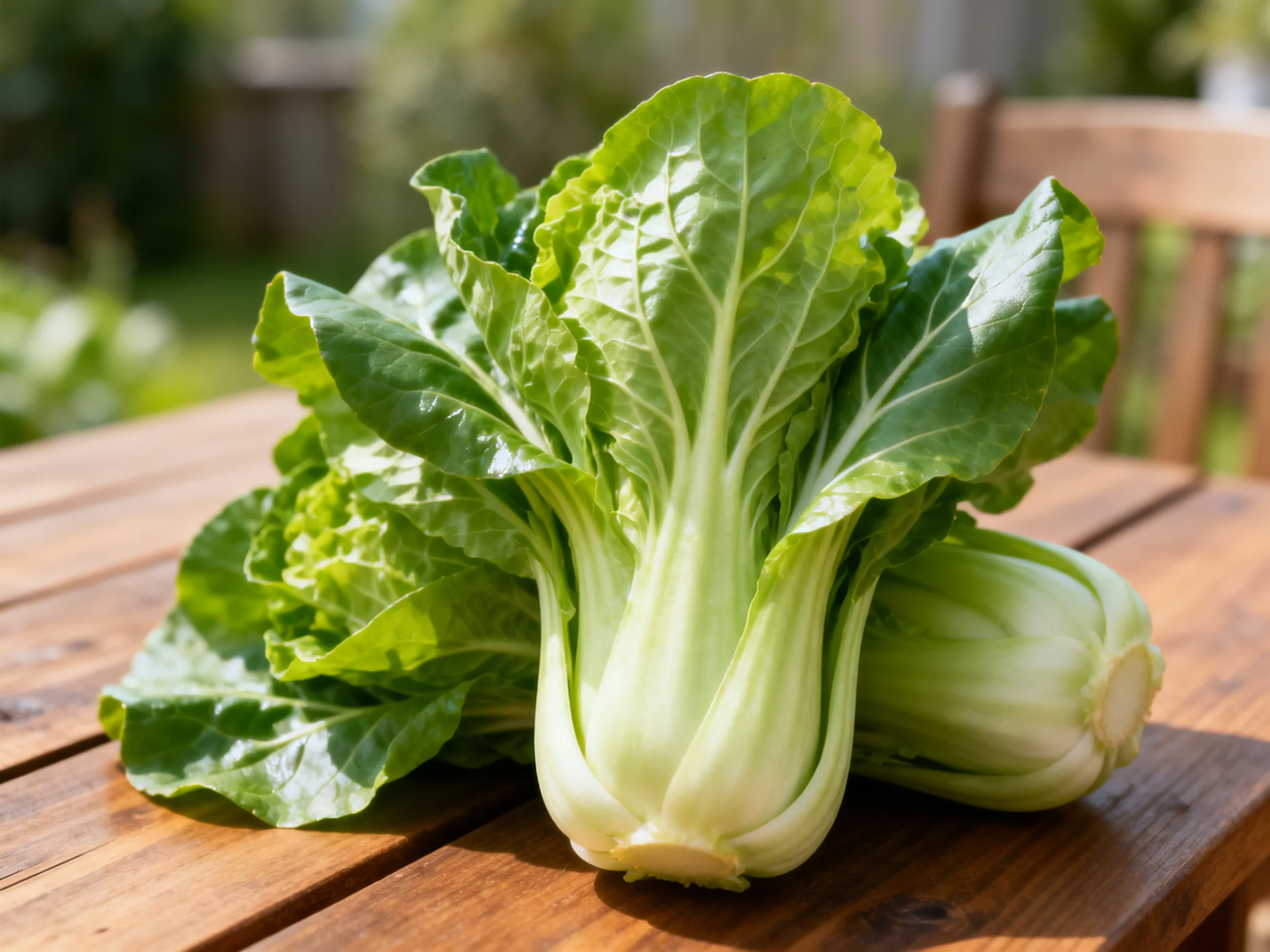 Fresh green bok choy arranged on a wooden outdoor table