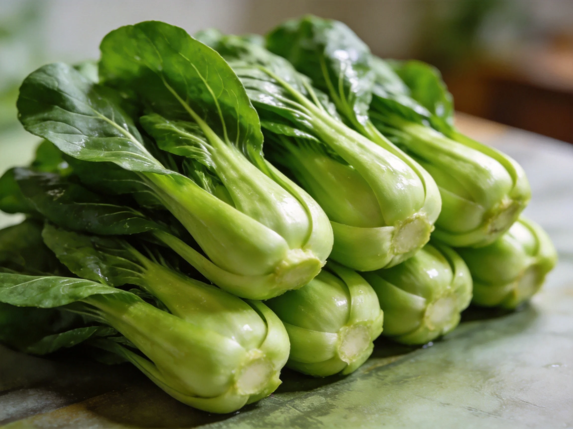 Fresh green bok choy bundles stacked on a smooth surface