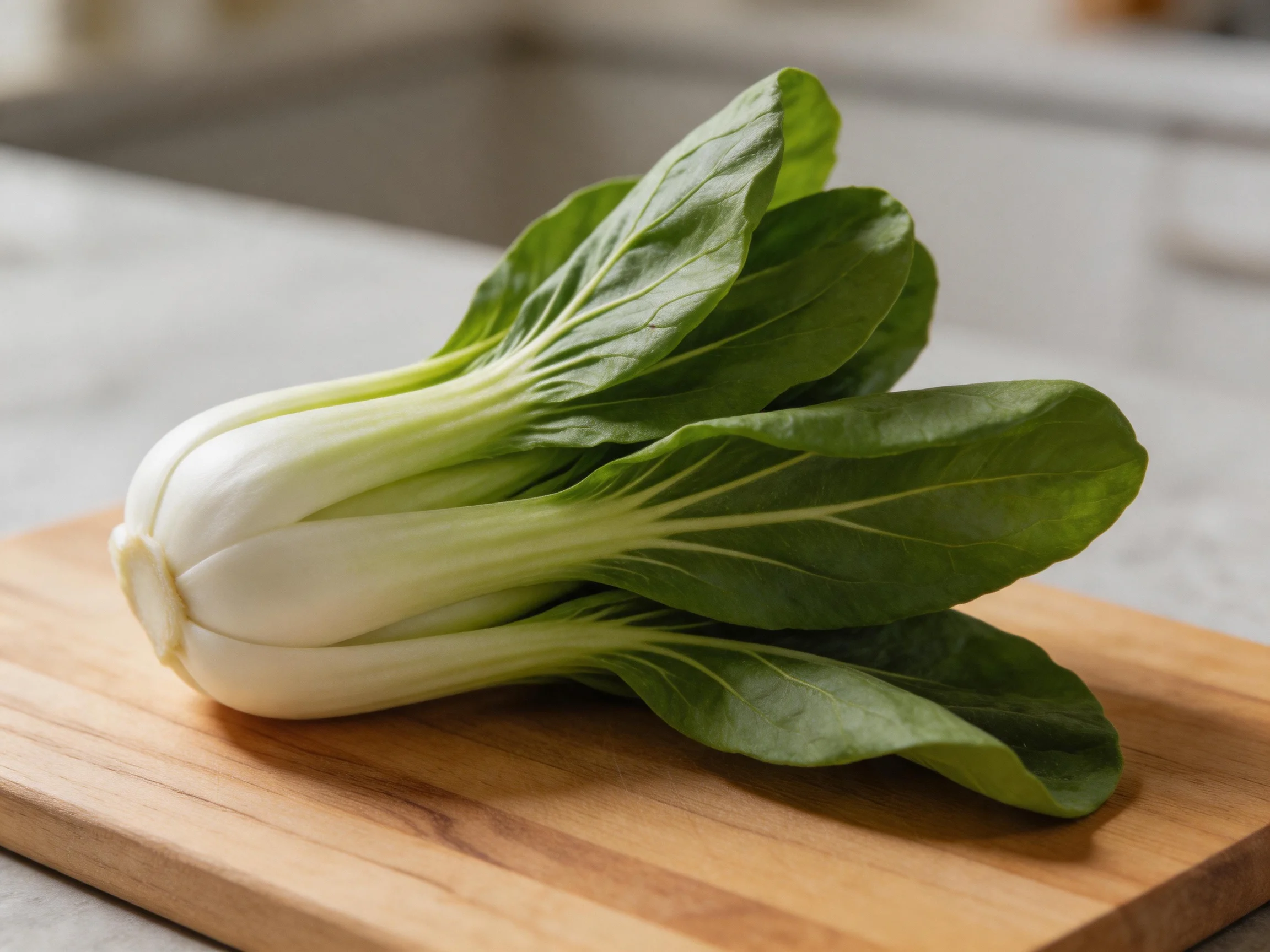 Fresh green bok choy placed on a wooden cutting board