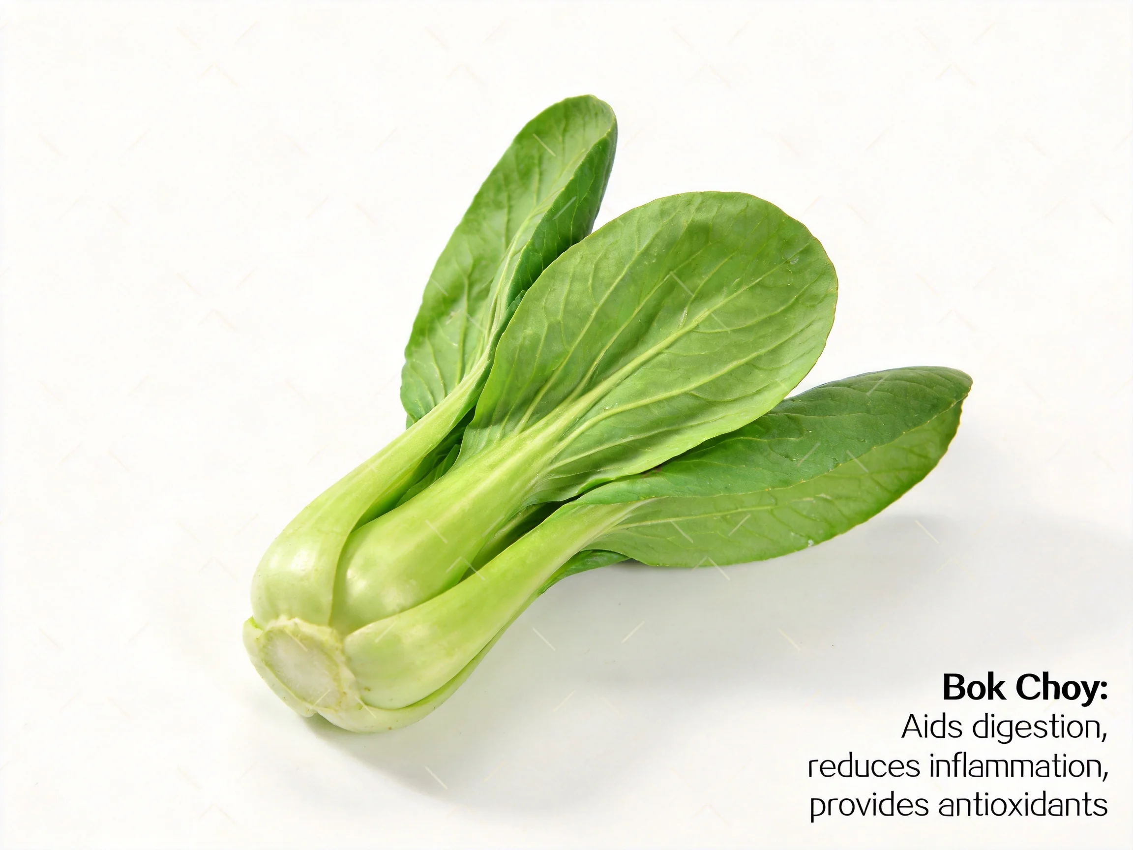Fresh green bok choy with broad, glossy leaves and pale stem