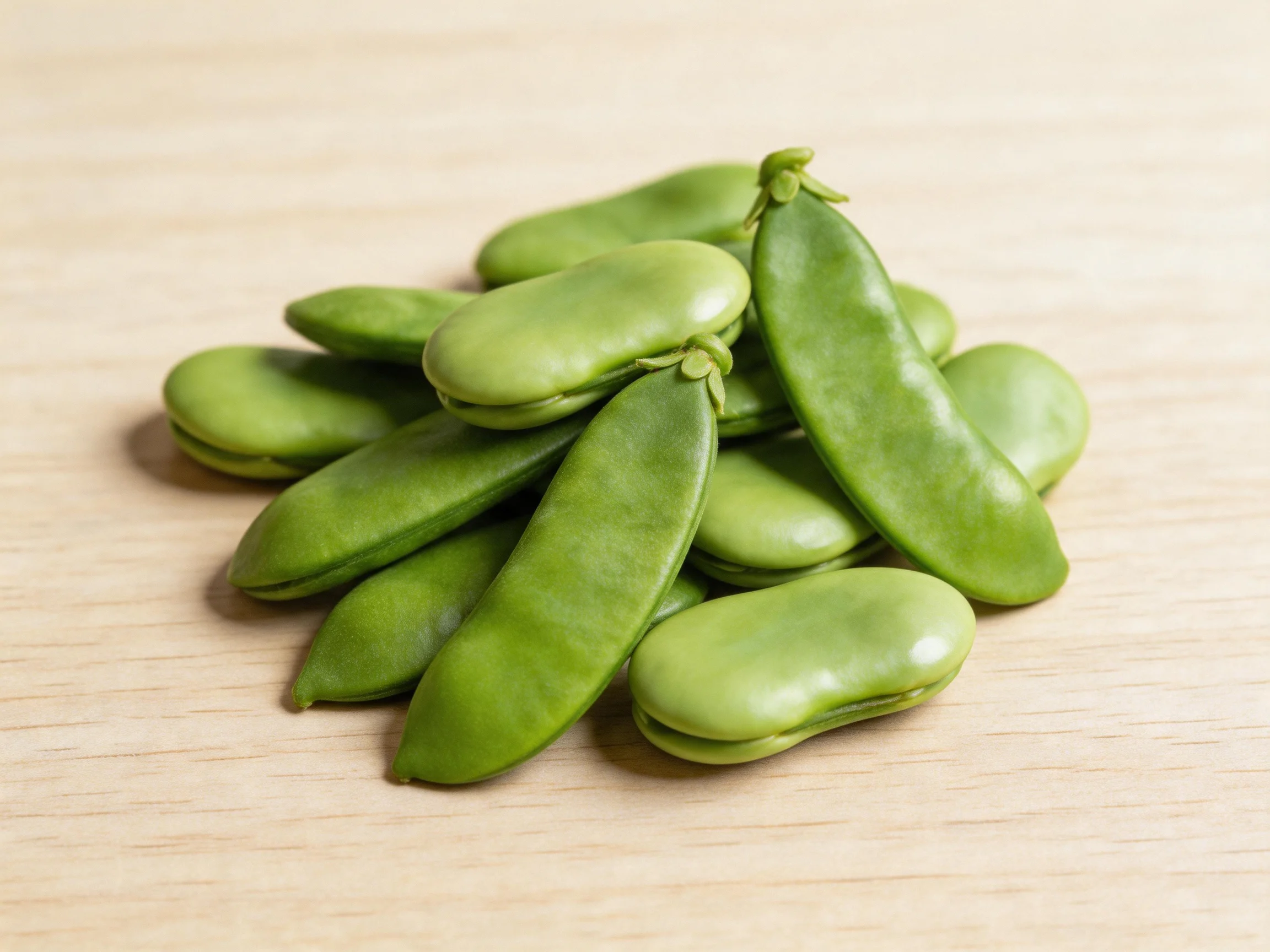 Fresh green broad bean pods clustered on a light wooden surface
