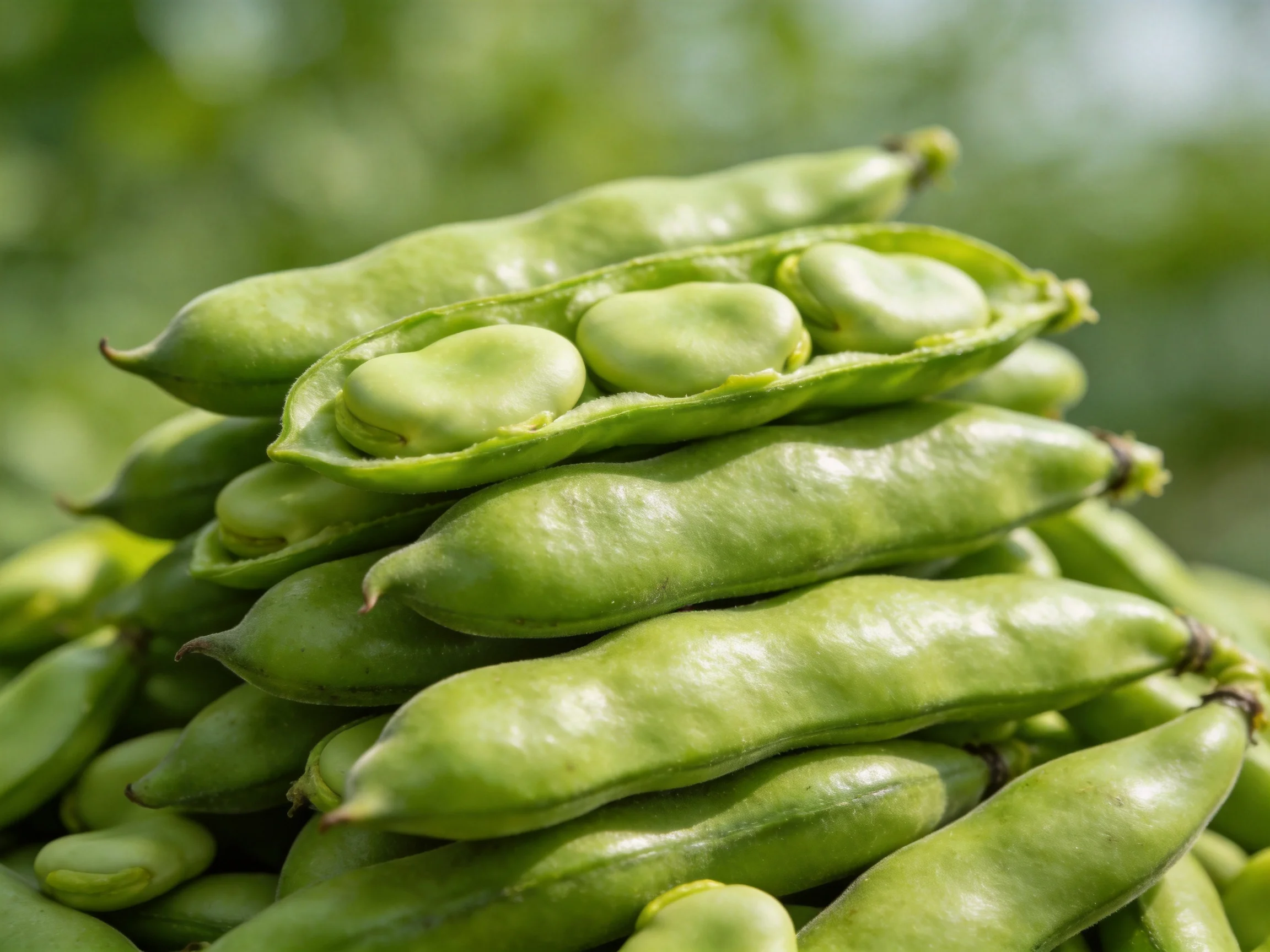 Fresh green broad bean pods stacked in natural sunlight