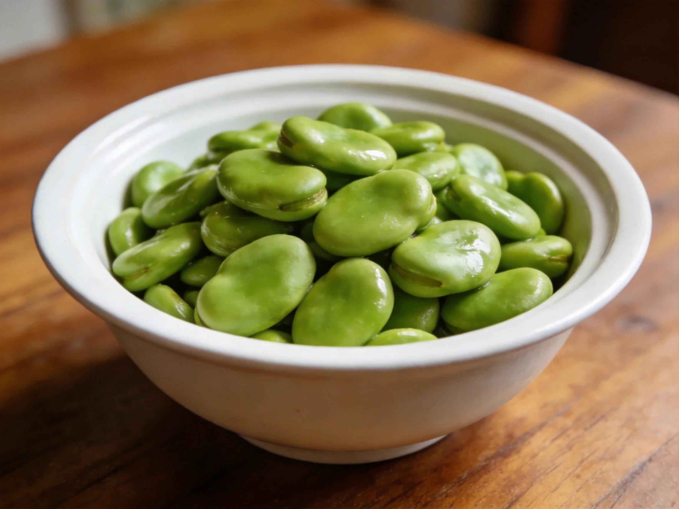 Fresh green broad beans fill a white bowl on a wooden table
