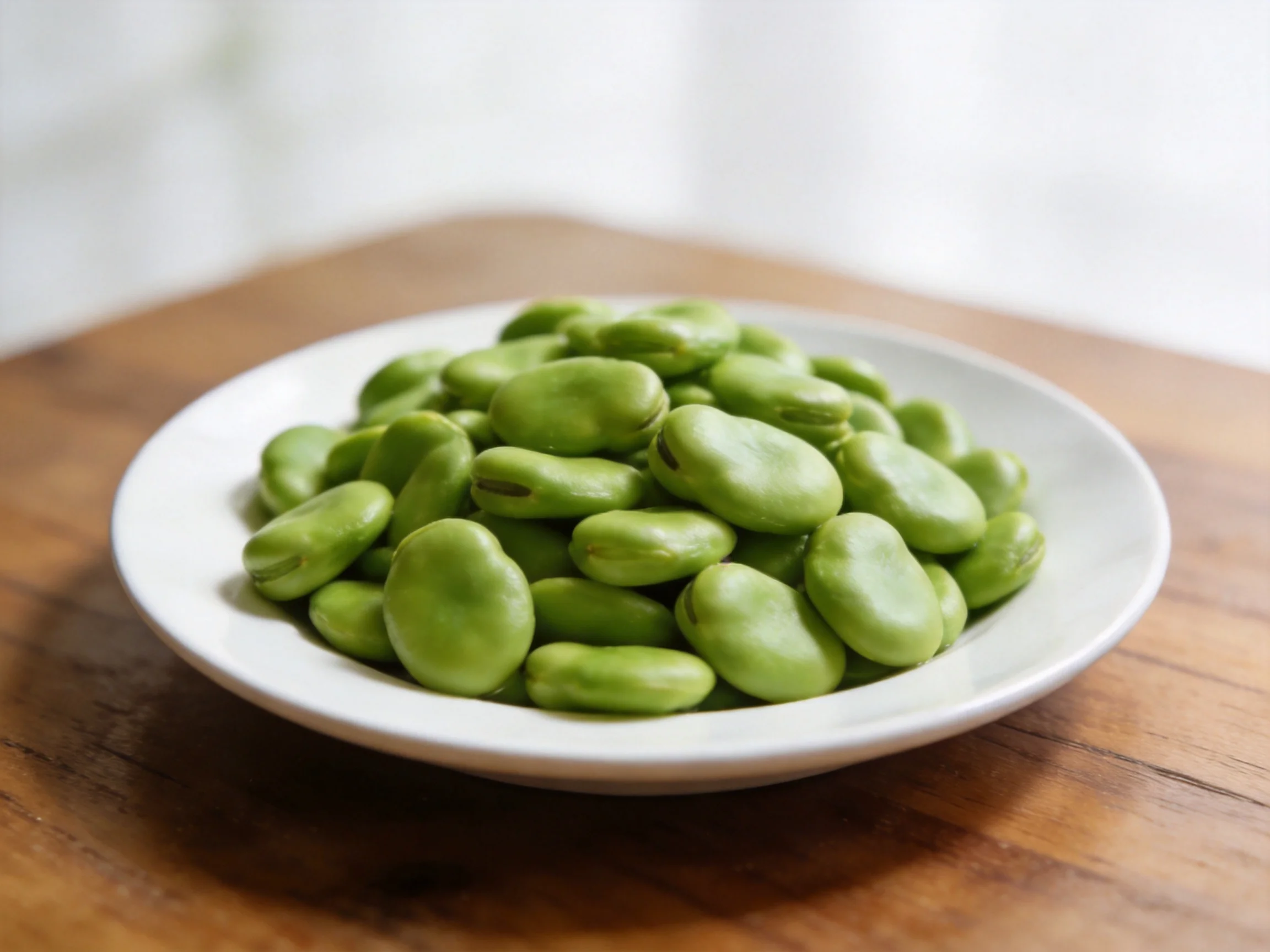 Fresh green broad beans in a white bowl on a wooden surface