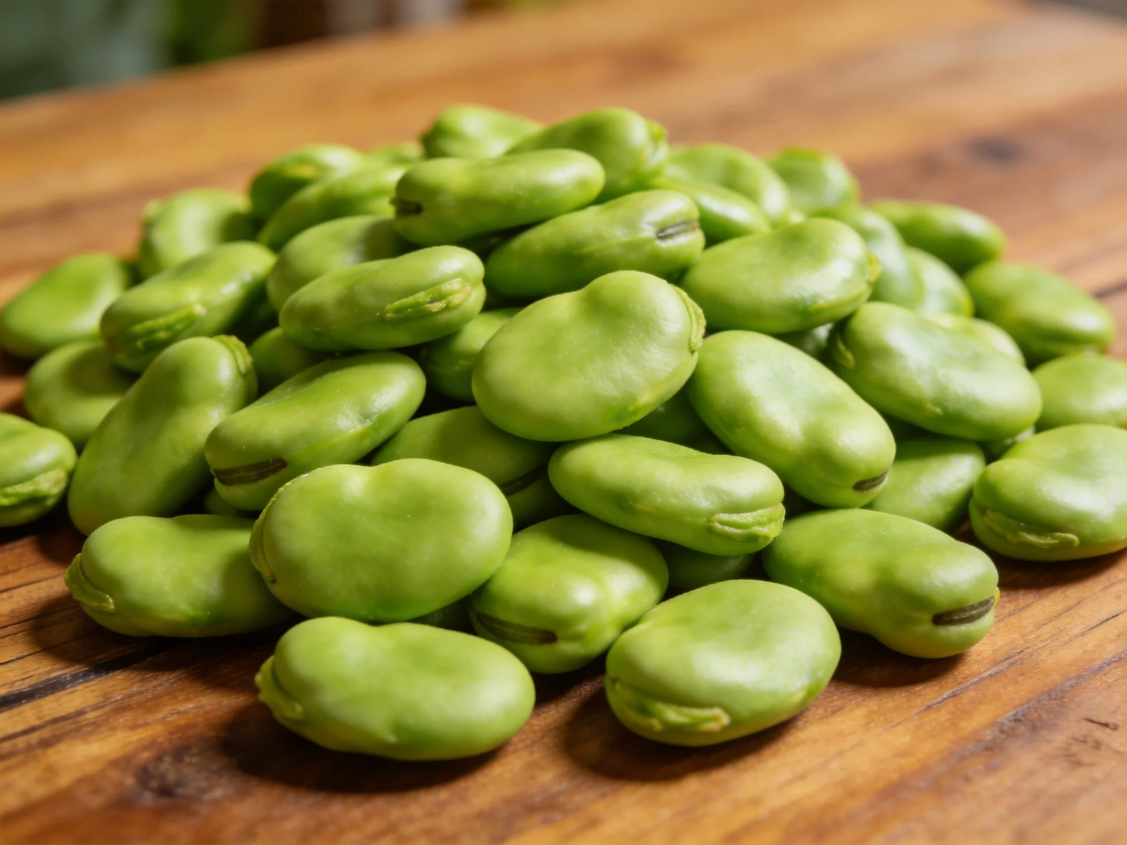 Fresh green broad beans piled on a rustic wooden surface