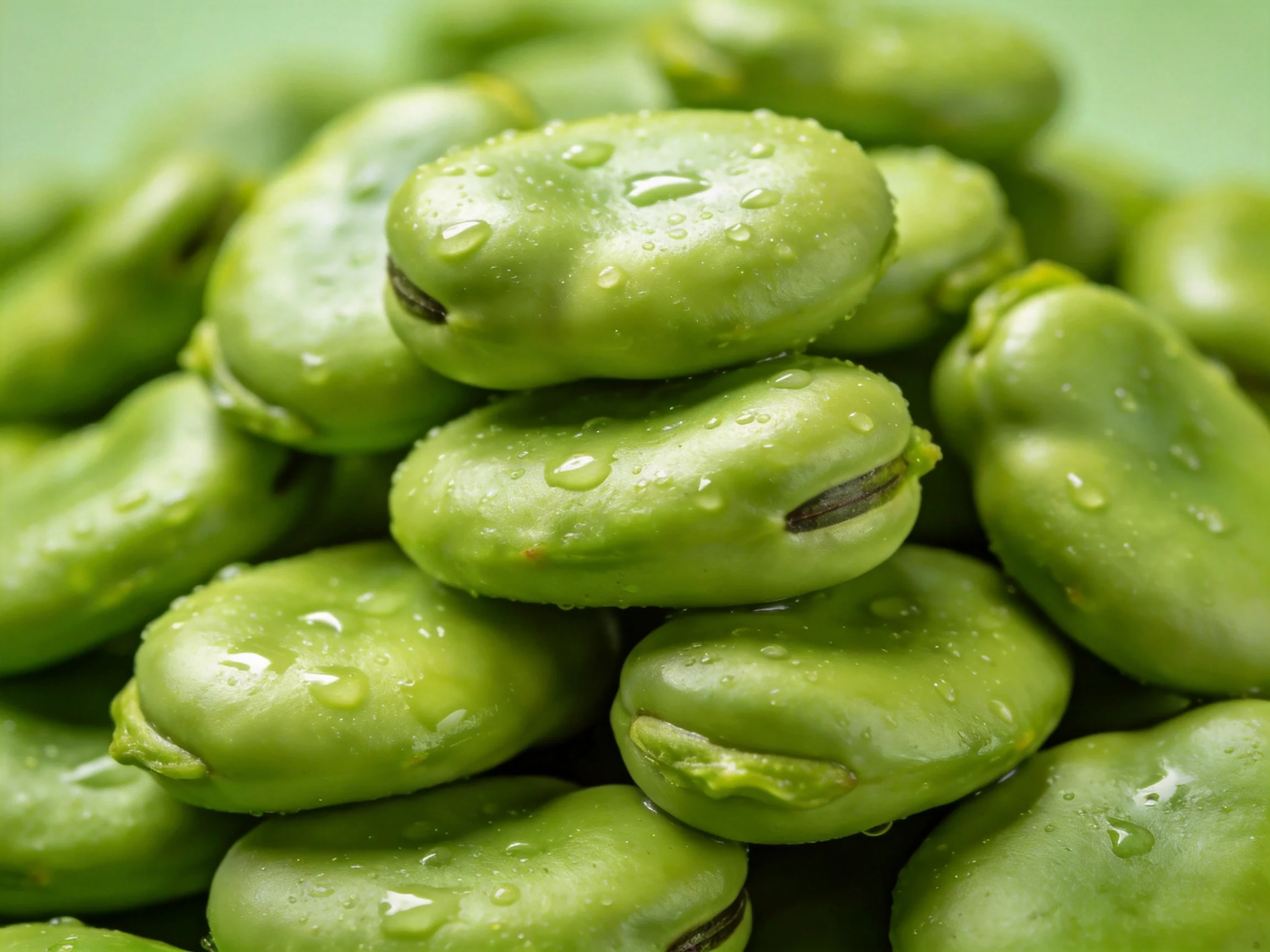 Fresh green broad beans piled with glistening water droplets