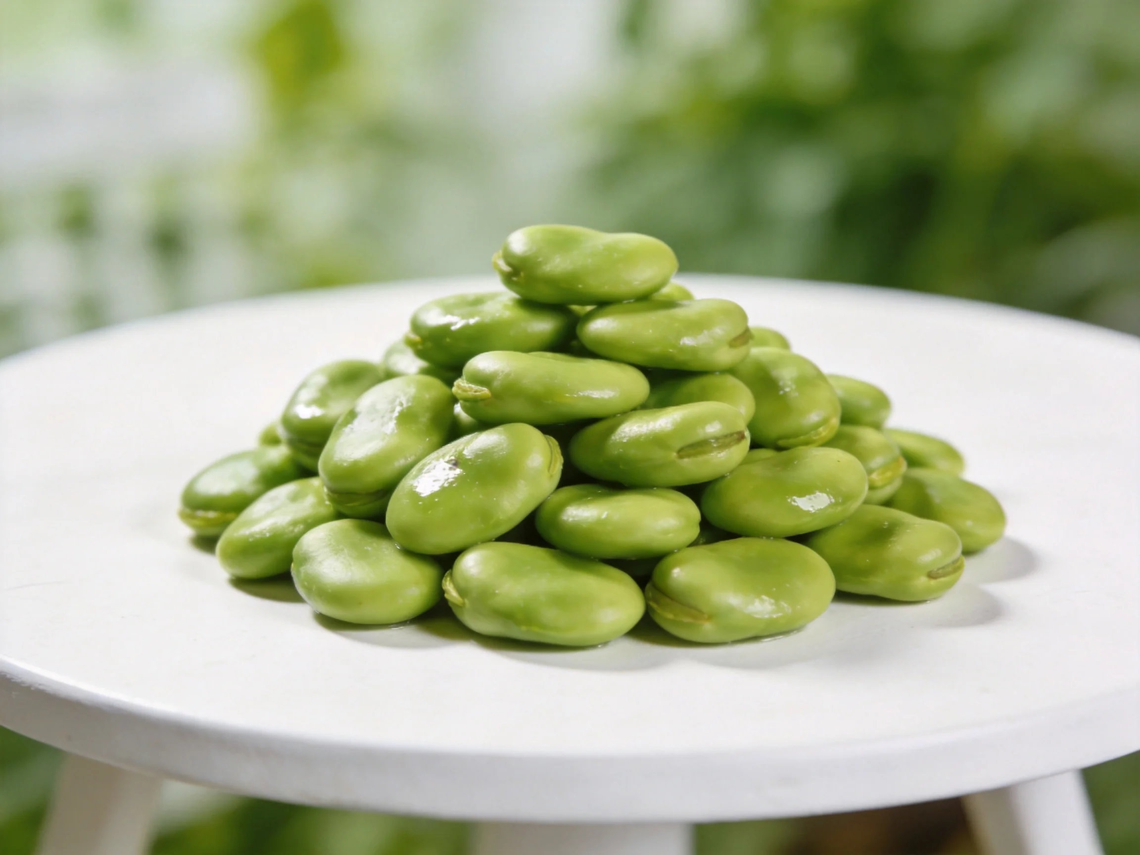 Fresh green broad beans stacked in a pyramid on a white table