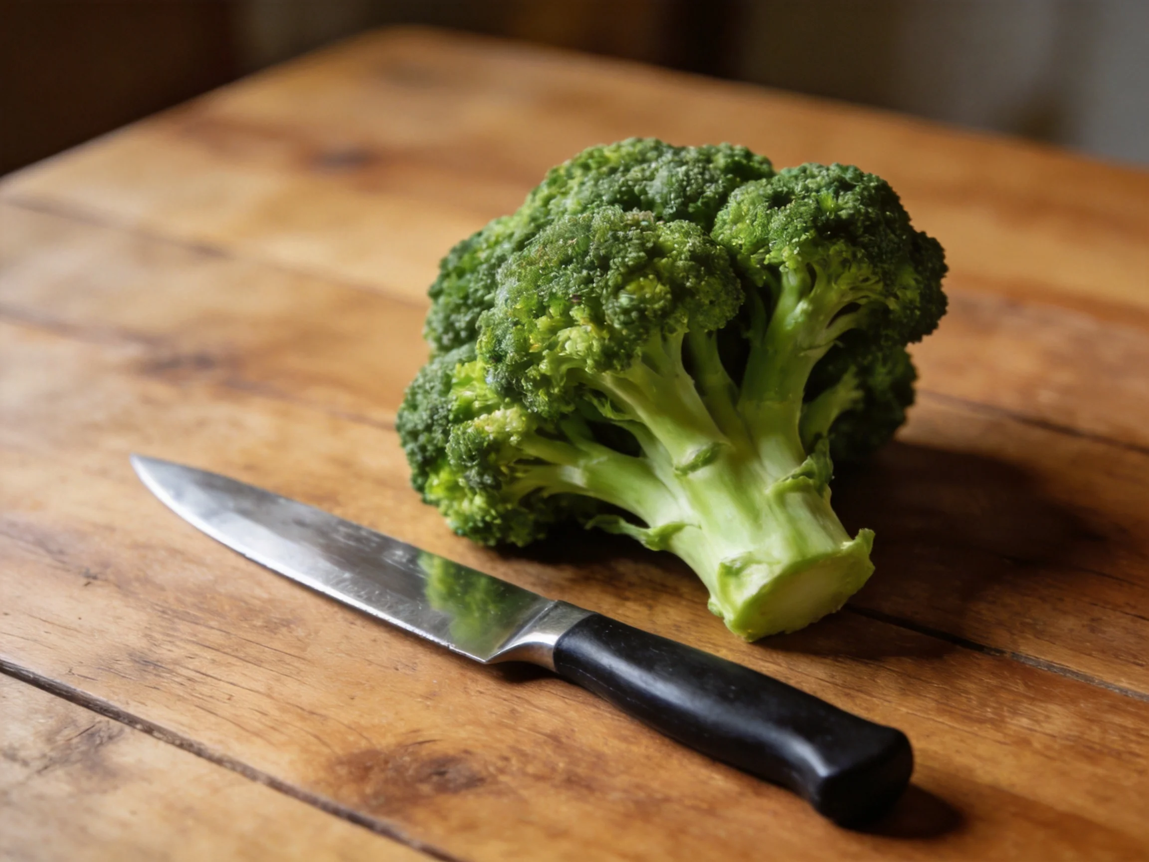 Fresh green broccoli and a chef’s knife rest on a rustic wooden table