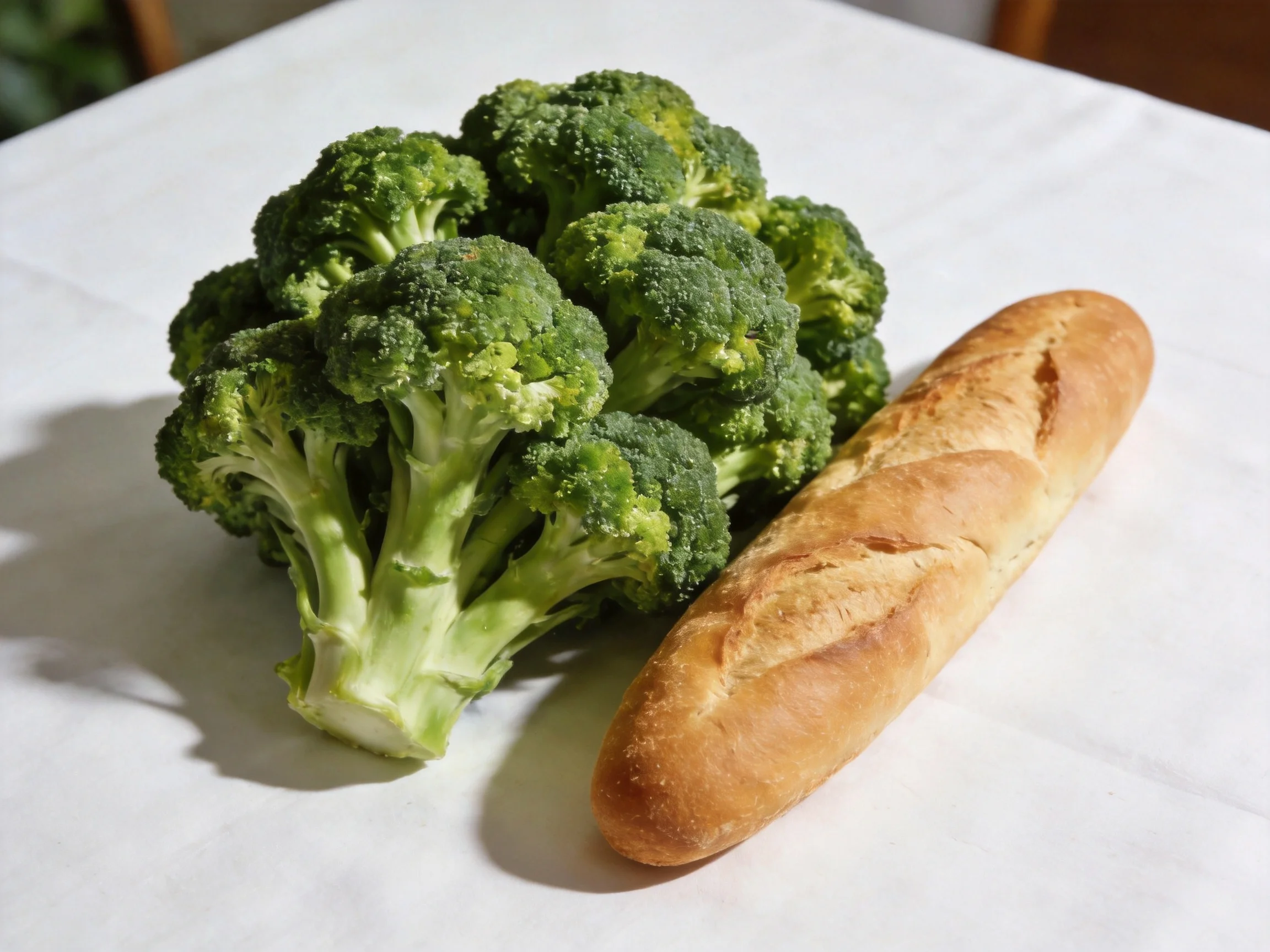Fresh green broccoli and a golden-brown baguette on a white cloth