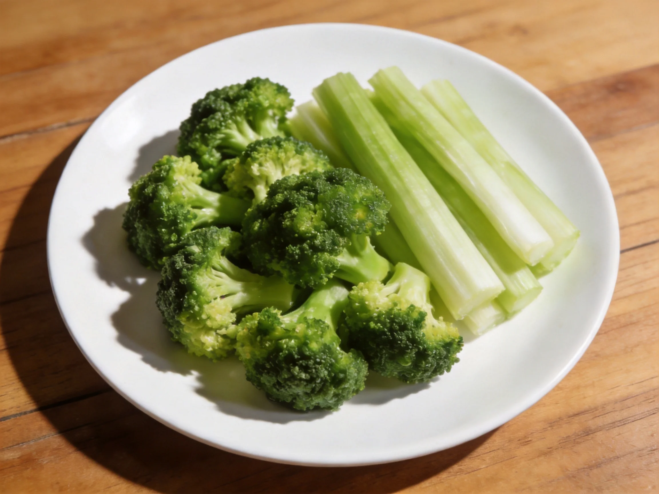 Fresh green broccoli and celery on a white plate