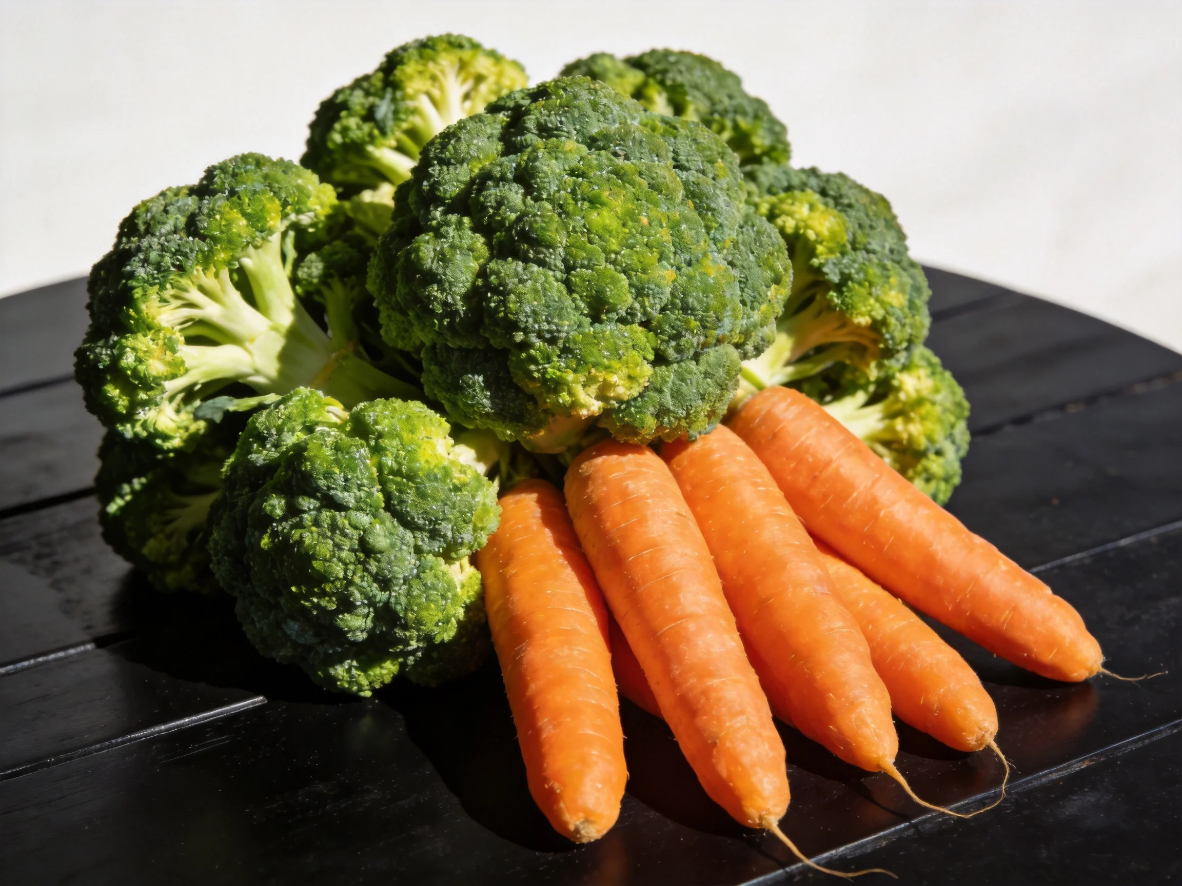 Fresh green broccoli and orange carrots arranged on a dark surface