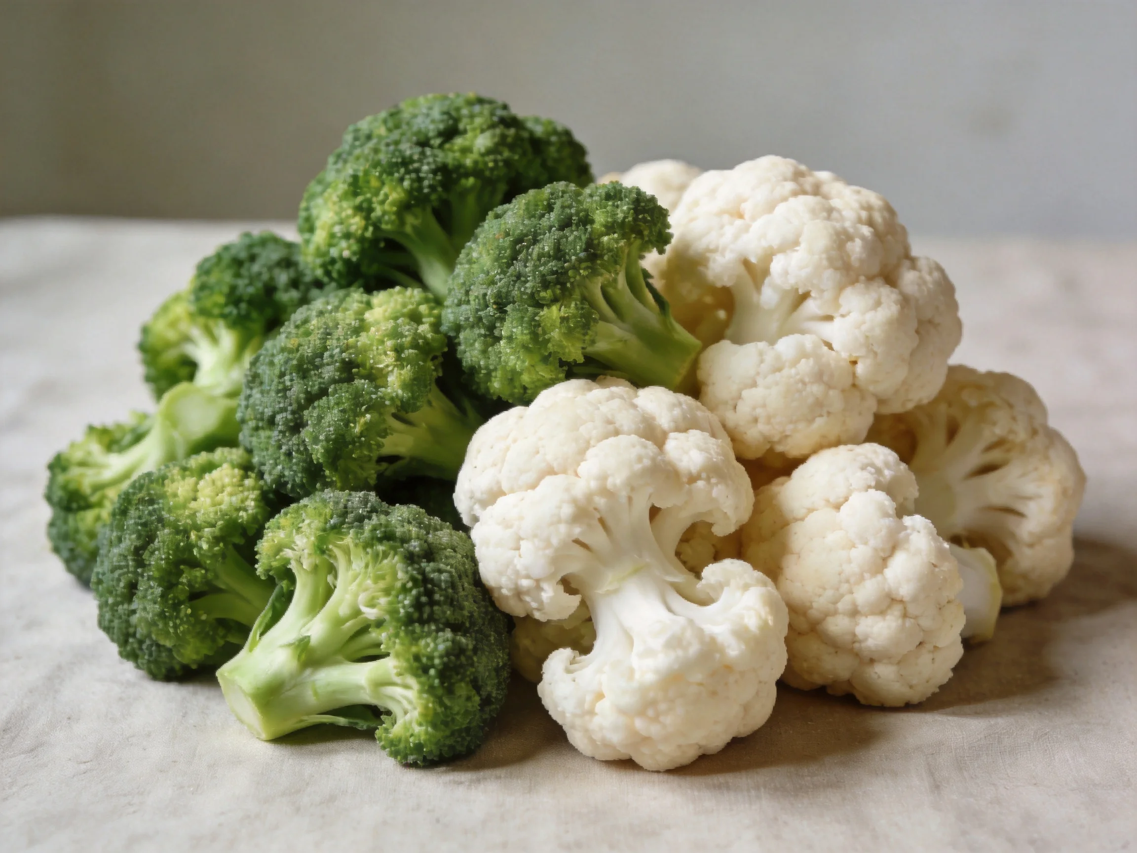 Fresh green broccoli and white cauliflower arranged on a plain fabric surface.