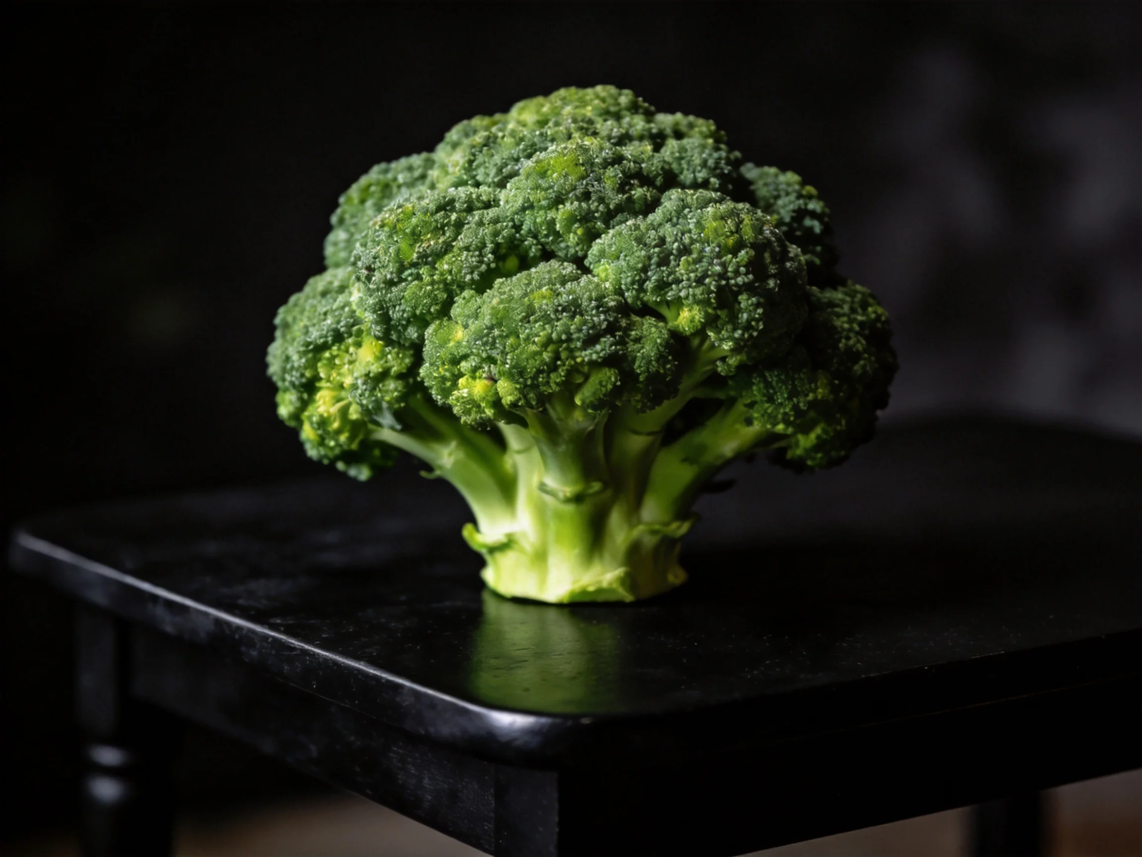 Fresh green broccoli arranged on a glossy black table with focused lighting