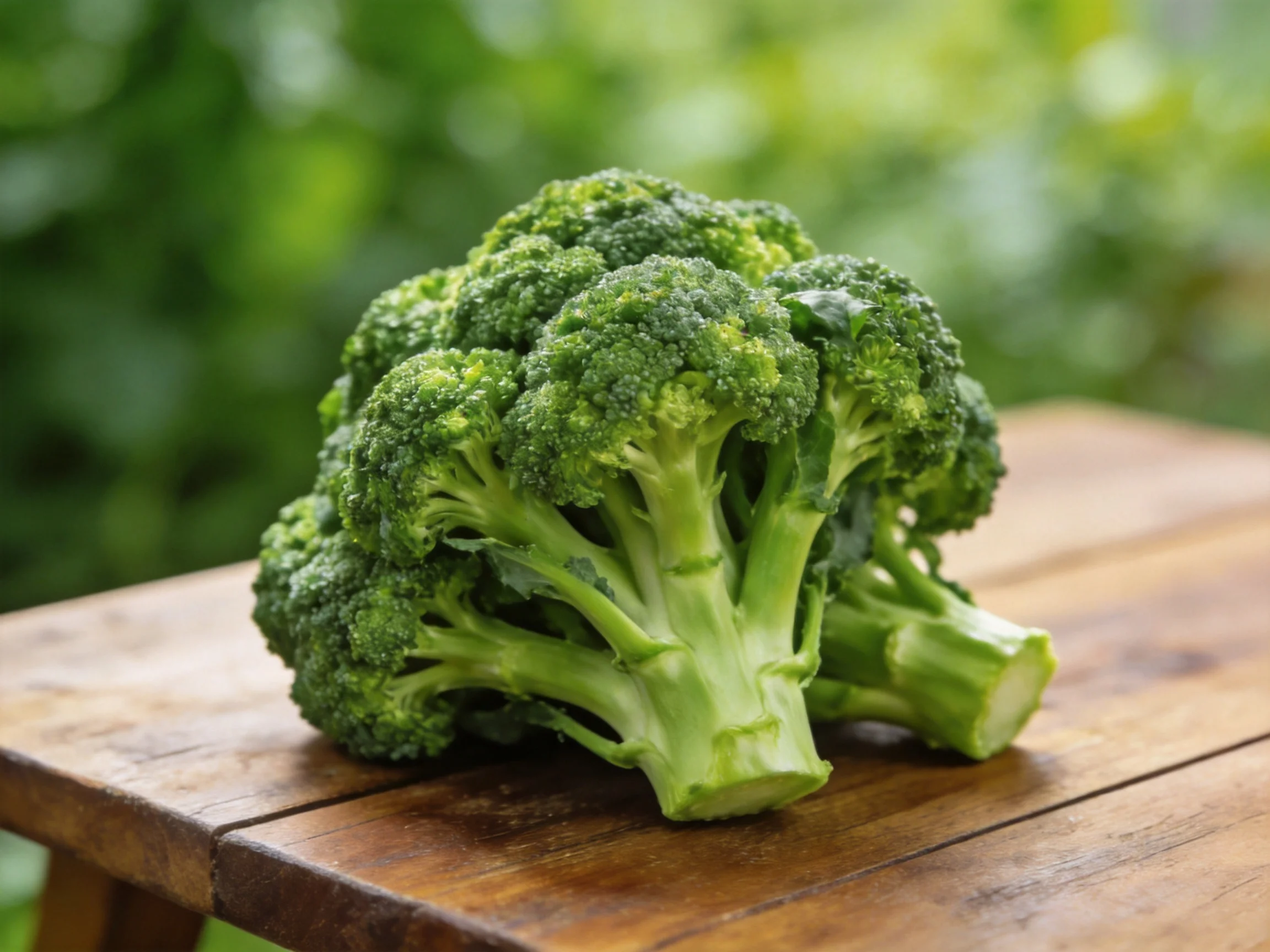 Fresh green broccoli arranged on a rustic wooden table with a blurred natural backdrop