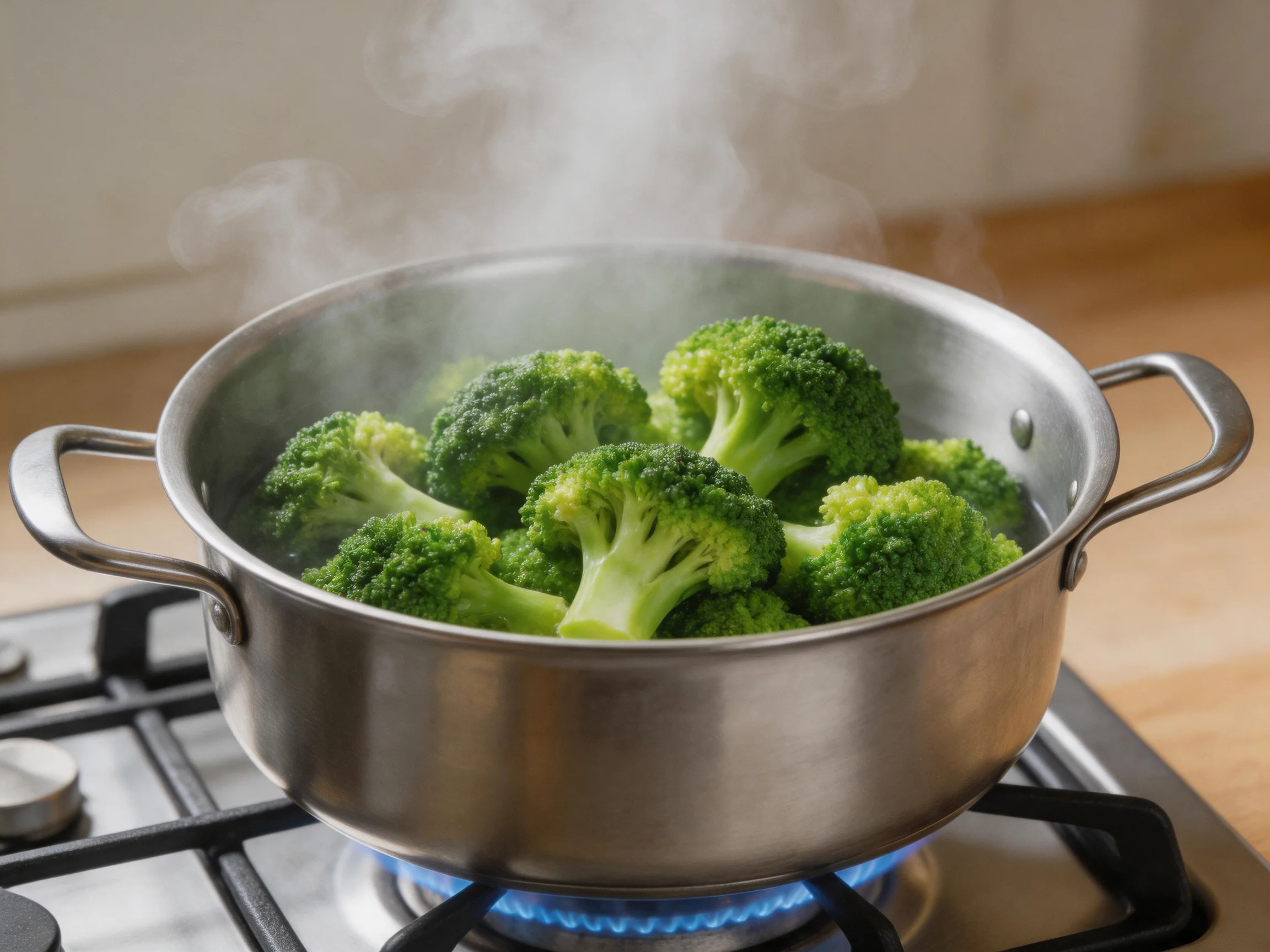 Fresh green broccoli boiling in a large stainless steel pot on a lit gas stove