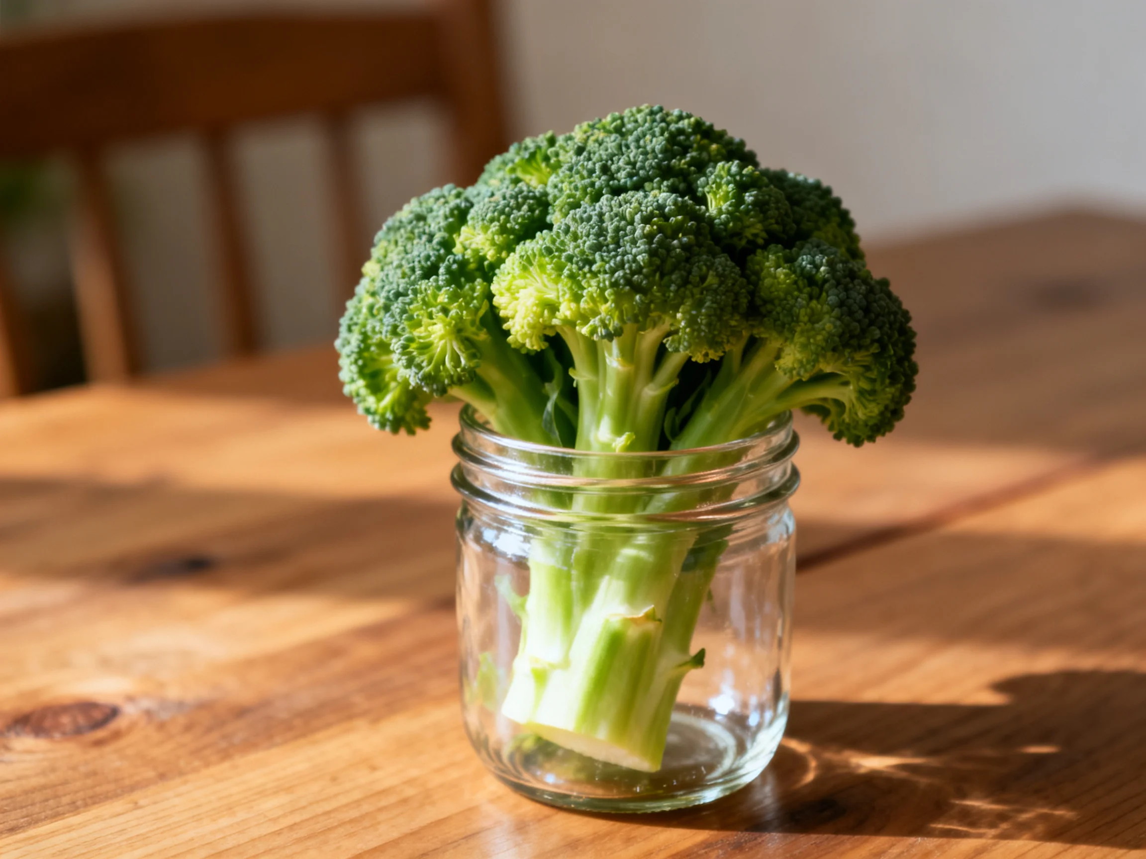 Fresh green broccoli bouquet in clear glass jar on wooden table