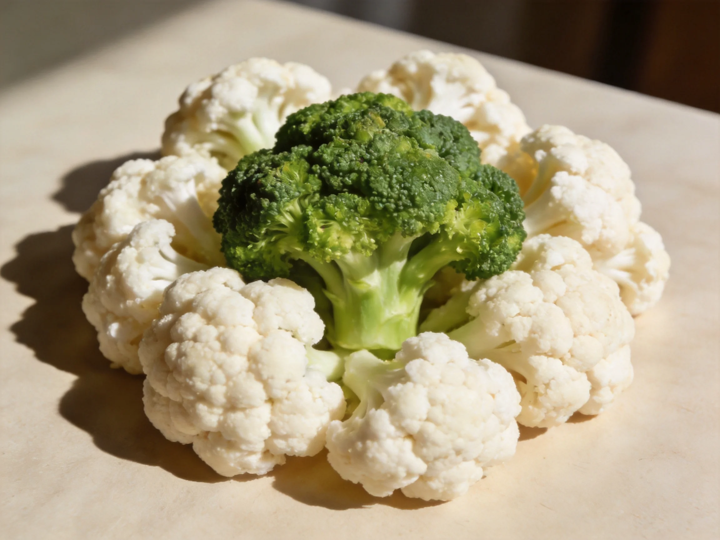 Fresh green broccoli centered among white cauliflower florets on a light surface