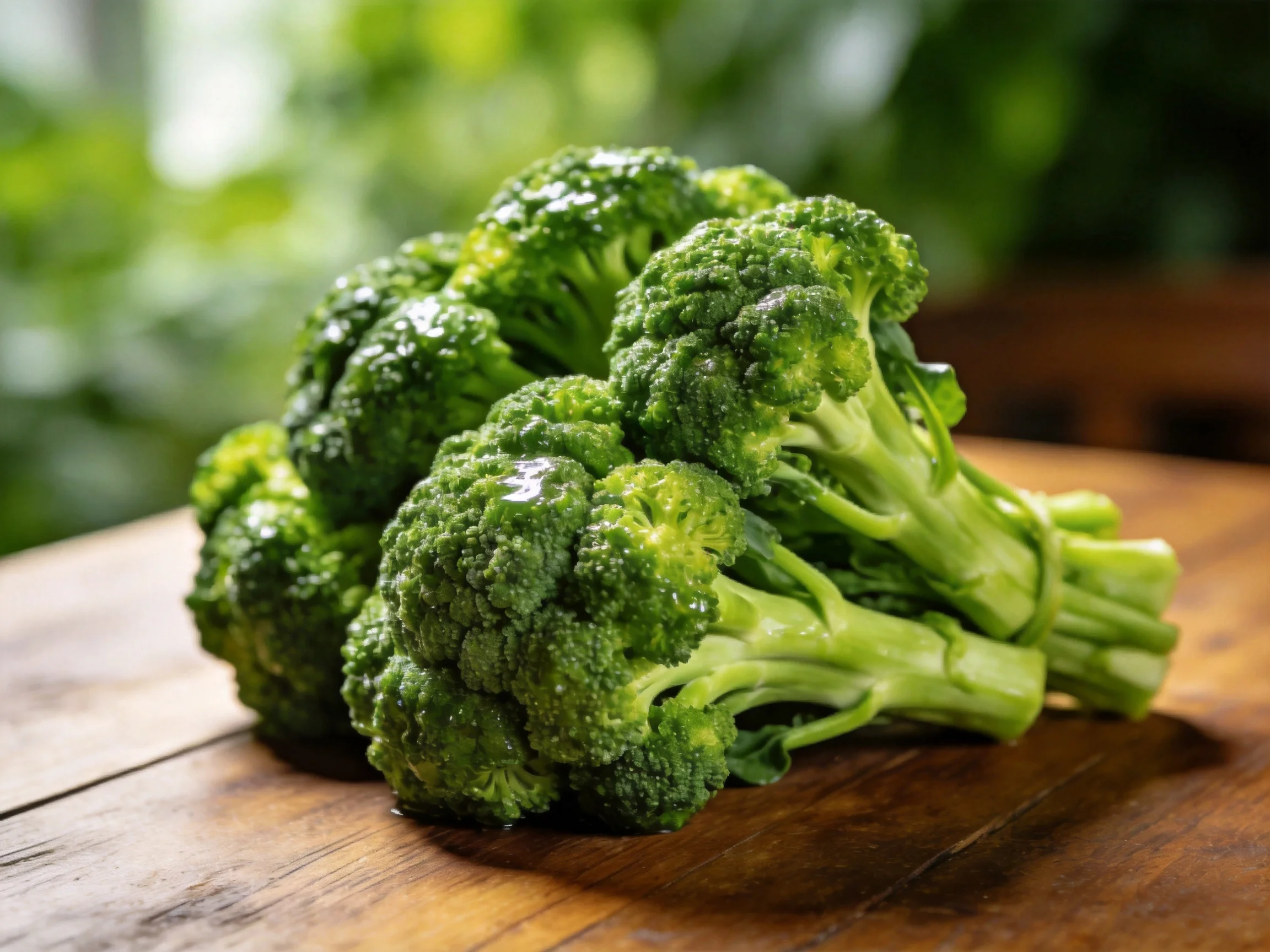 Fresh green broccoli cluster on a wooden surface
