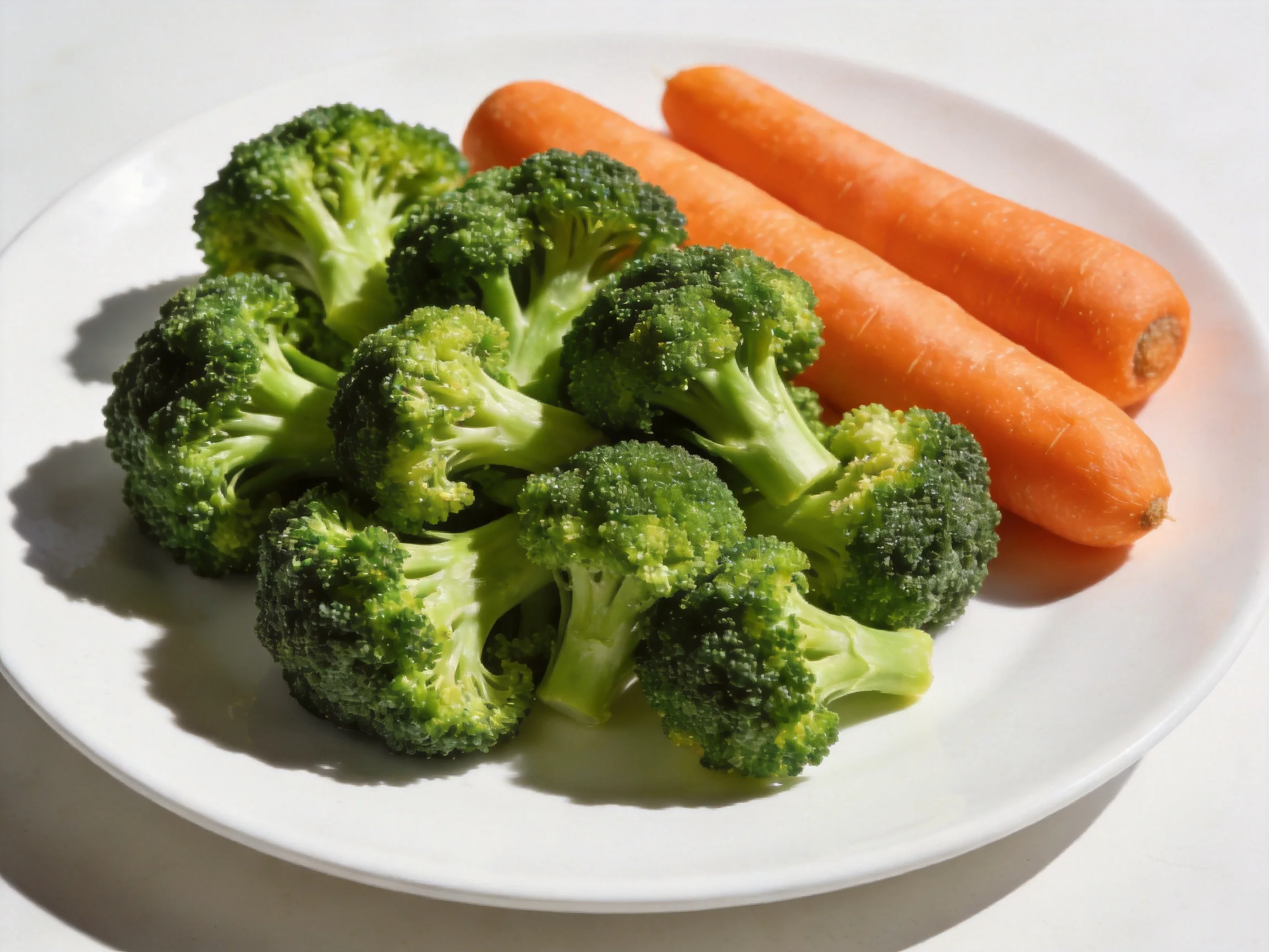 Fresh green broccoli florets and two orange carrot sticks on a white plate