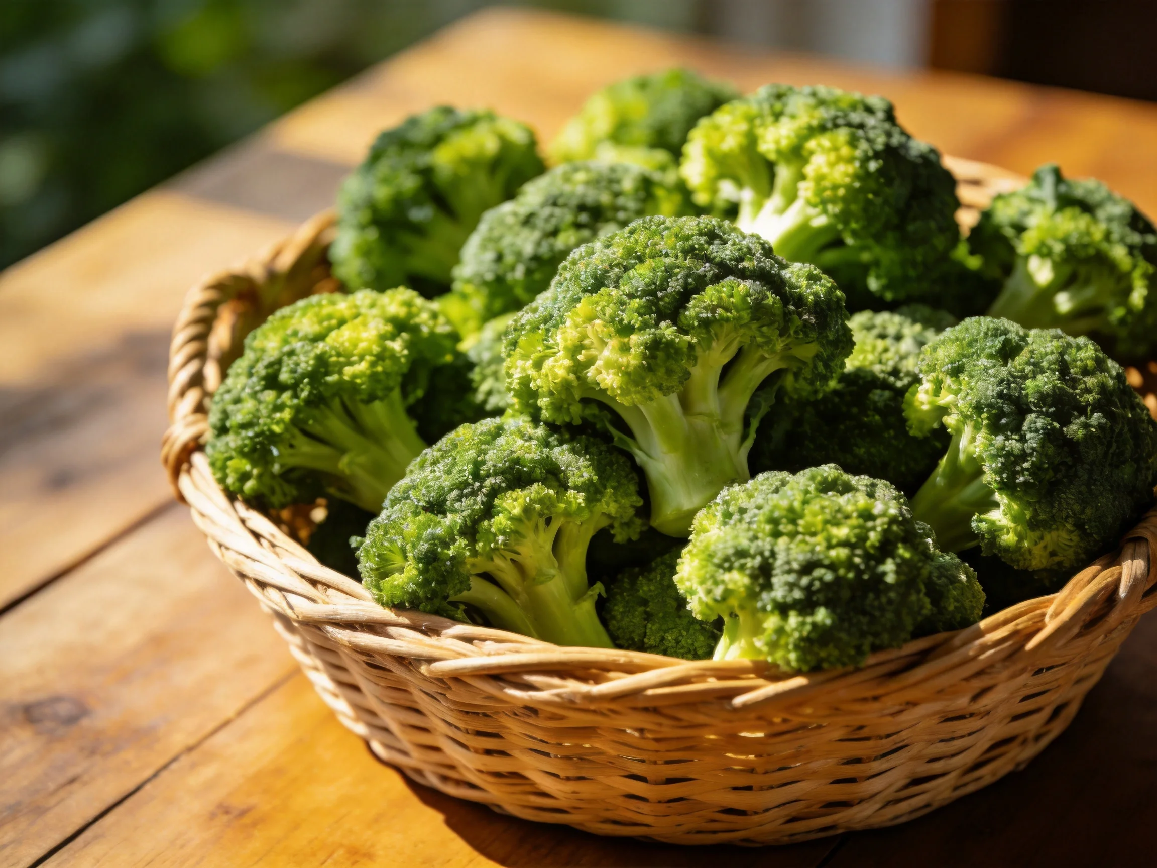 Fresh green broccoli florets arranged in a woven basket on a wooden table