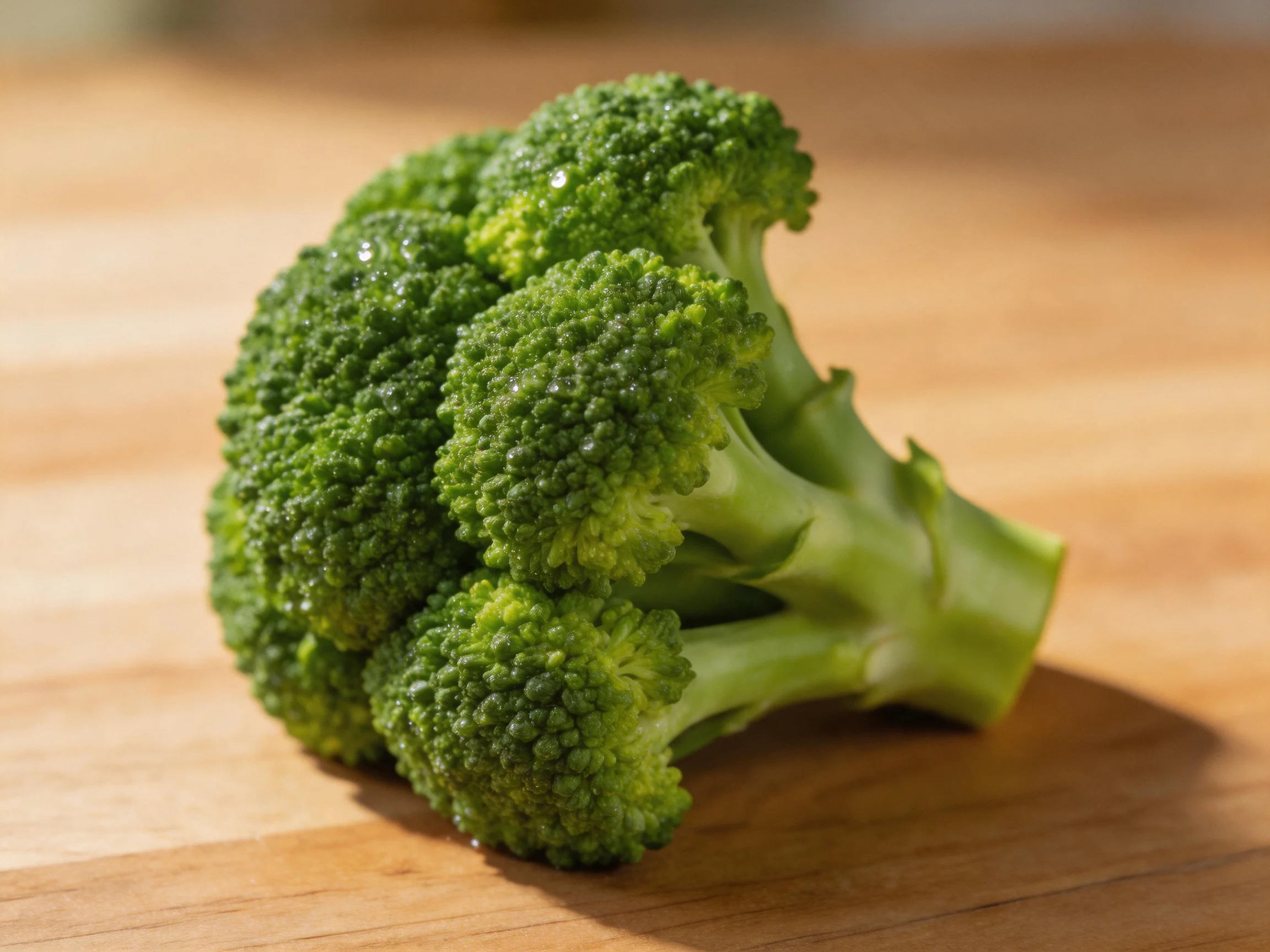 Fresh green broccoli florets arranged on a light brown wooden cutting board