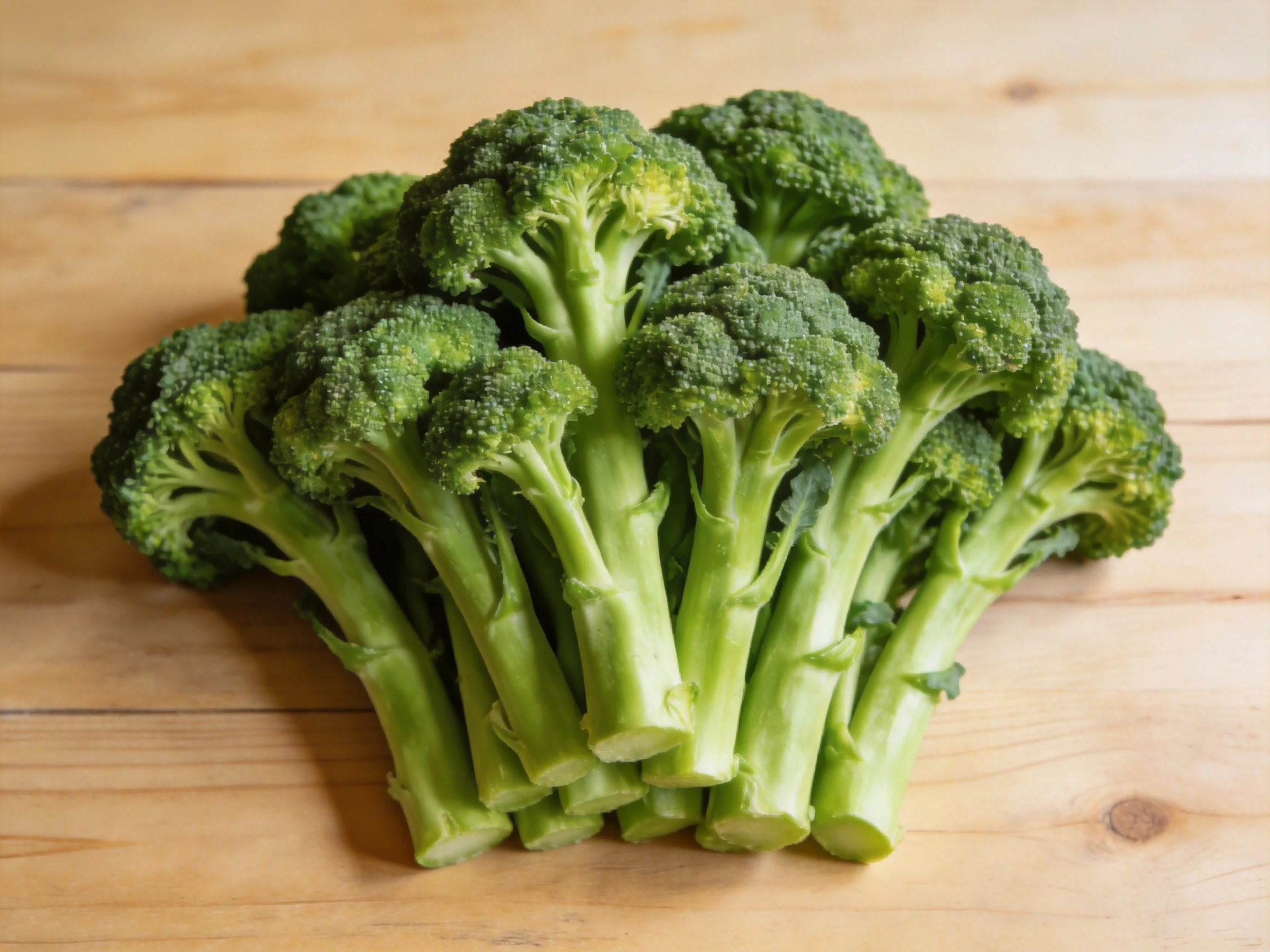 Fresh green broccoli florets arranged on a light wooden surface