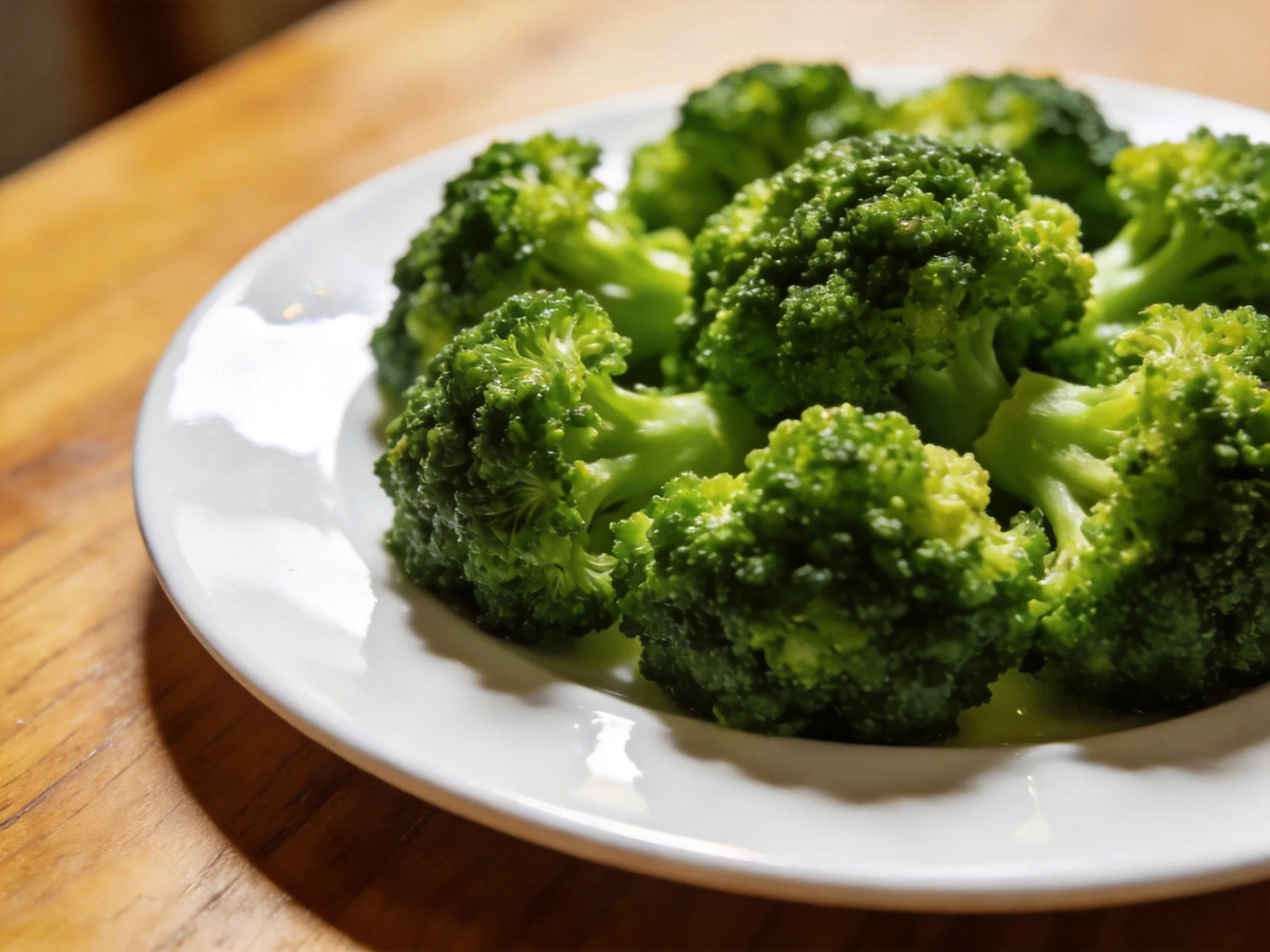 Fresh green broccoli florets arranged on a white plate