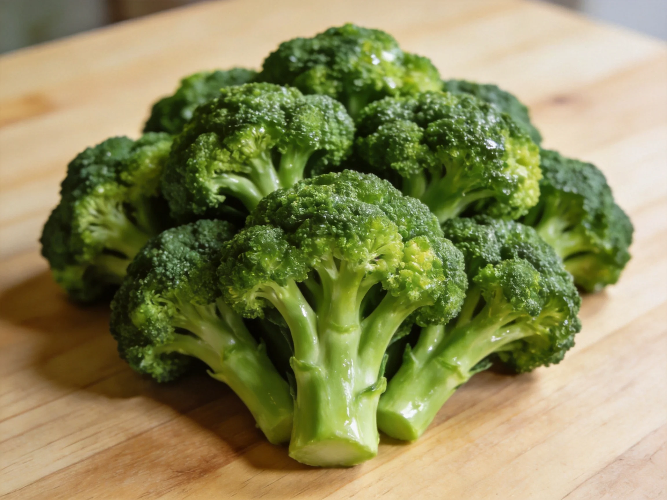 Fresh green broccoli florets arranged on a wooden cutting board