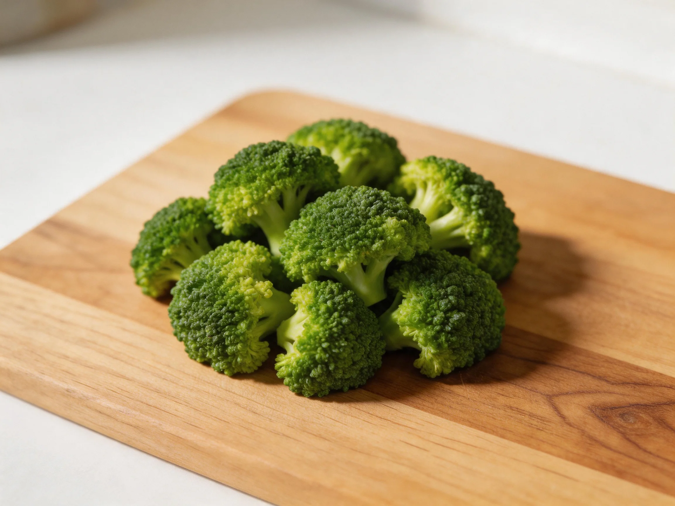 Fresh green broccoli florets arranged on a wooden cutting board