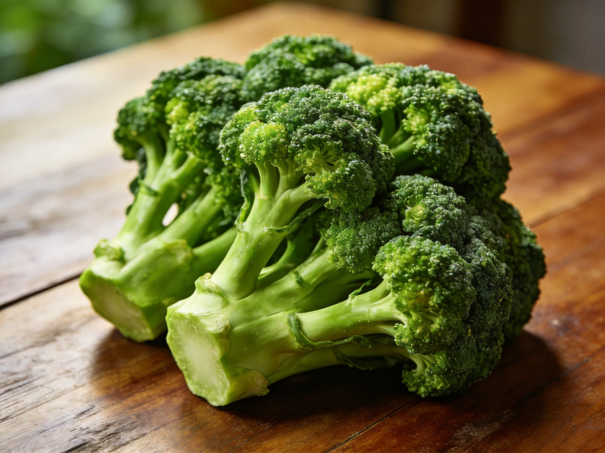 Fresh green broccoli florets arranged ona polished wooden table